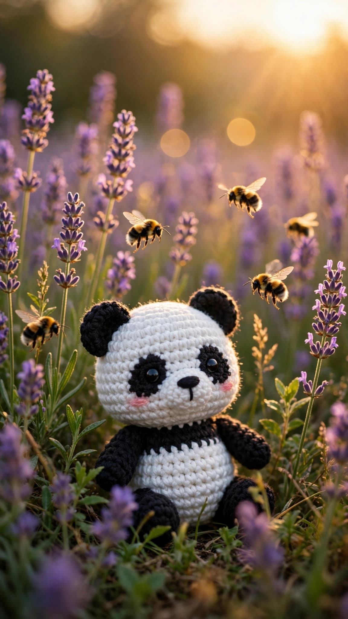 Amigurumi Crochet Panda in a Lavender Field — Cute Phone Wallpaper — free wallpaper preview