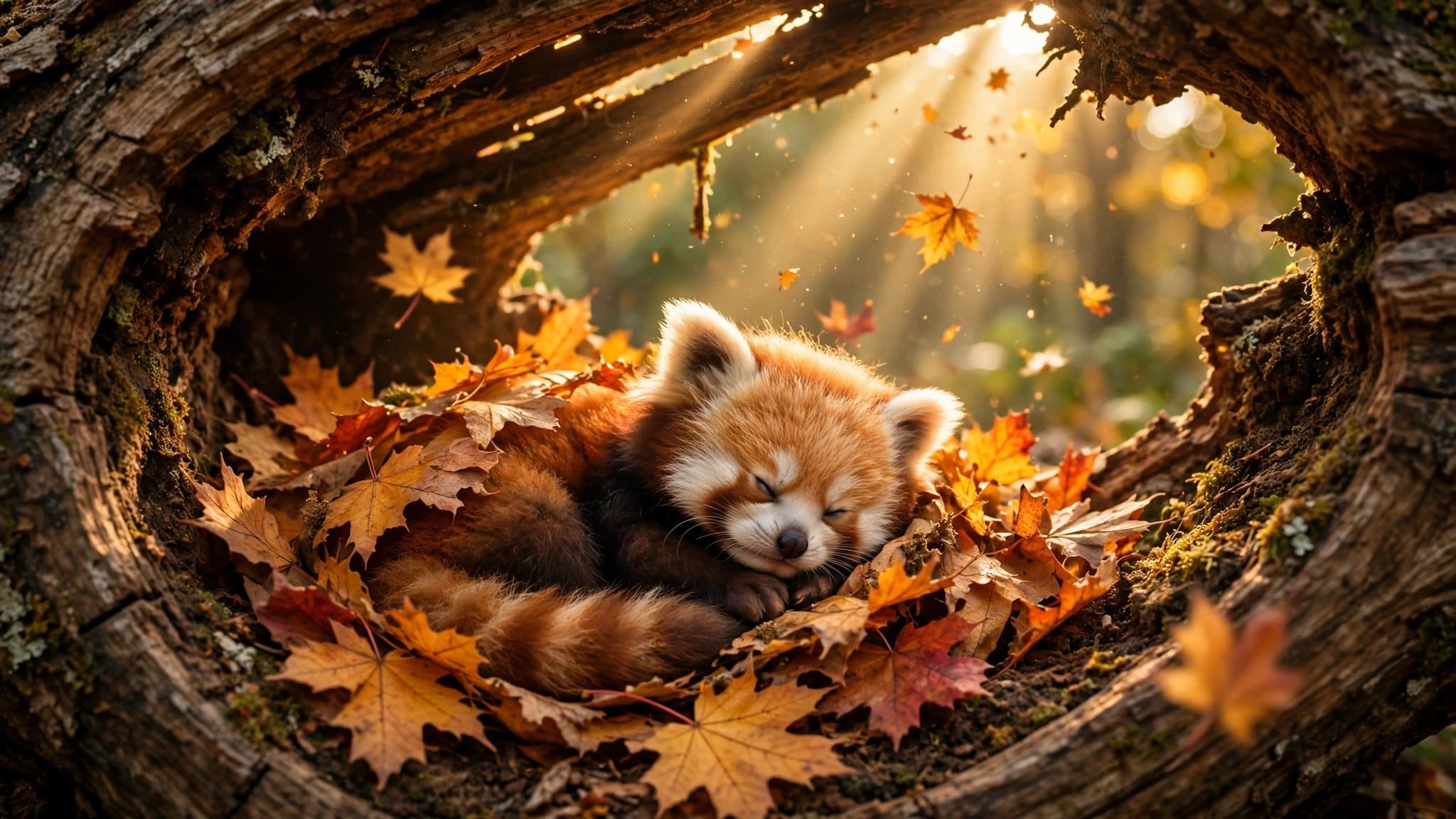 Baby Red Panda Sleeping in Golden Autumn Leaves — free ai image preview