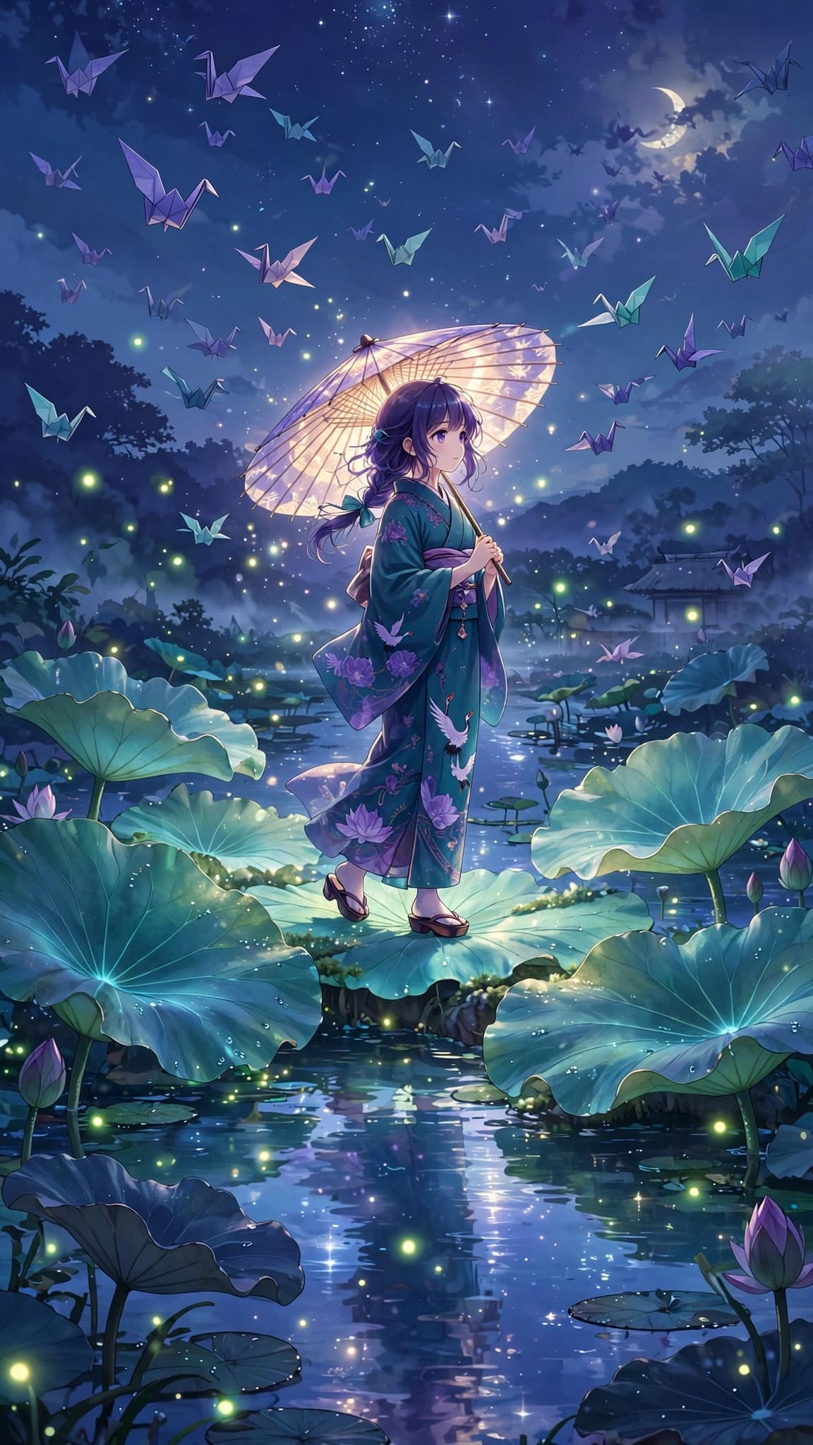 Anime Girl with a Glowing Umbrella on a Starlit Lotus Pond — free wallpaper preview
