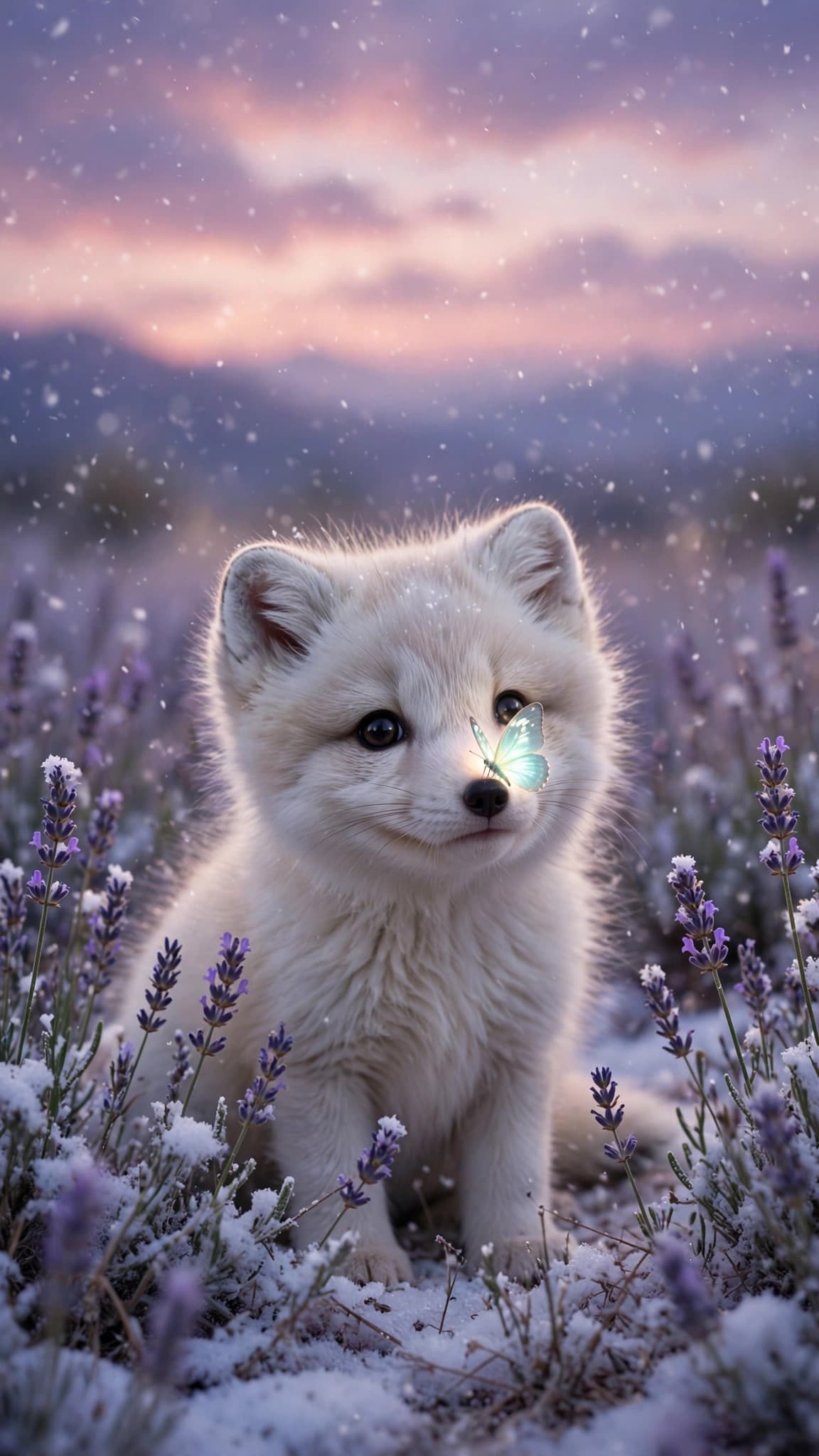 Baby Arctic Fox with a Butterfly on Its Nose — Cute Phone Wallpaper