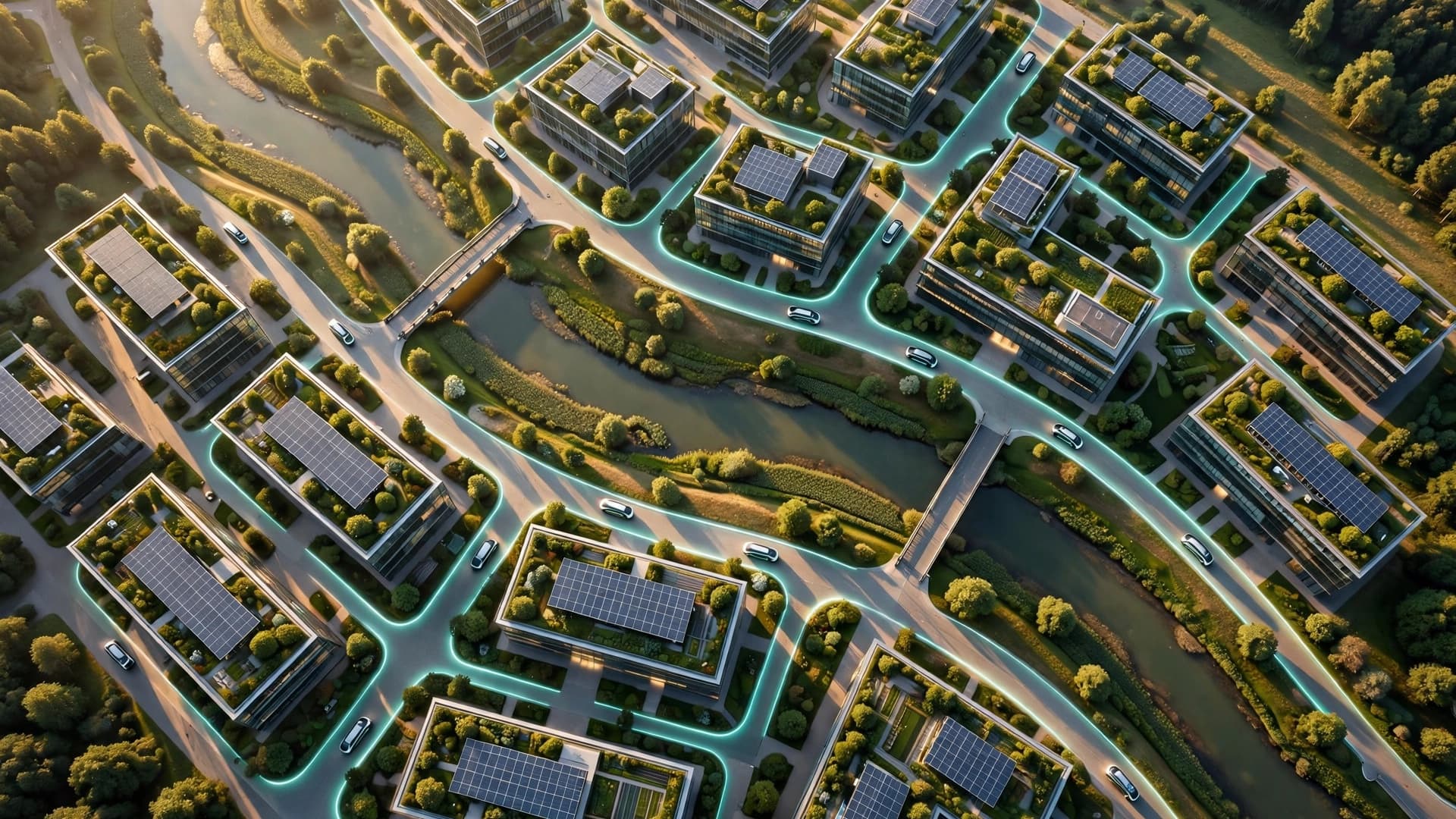 Eco Business Park From Above — Golden Hour Aerial View