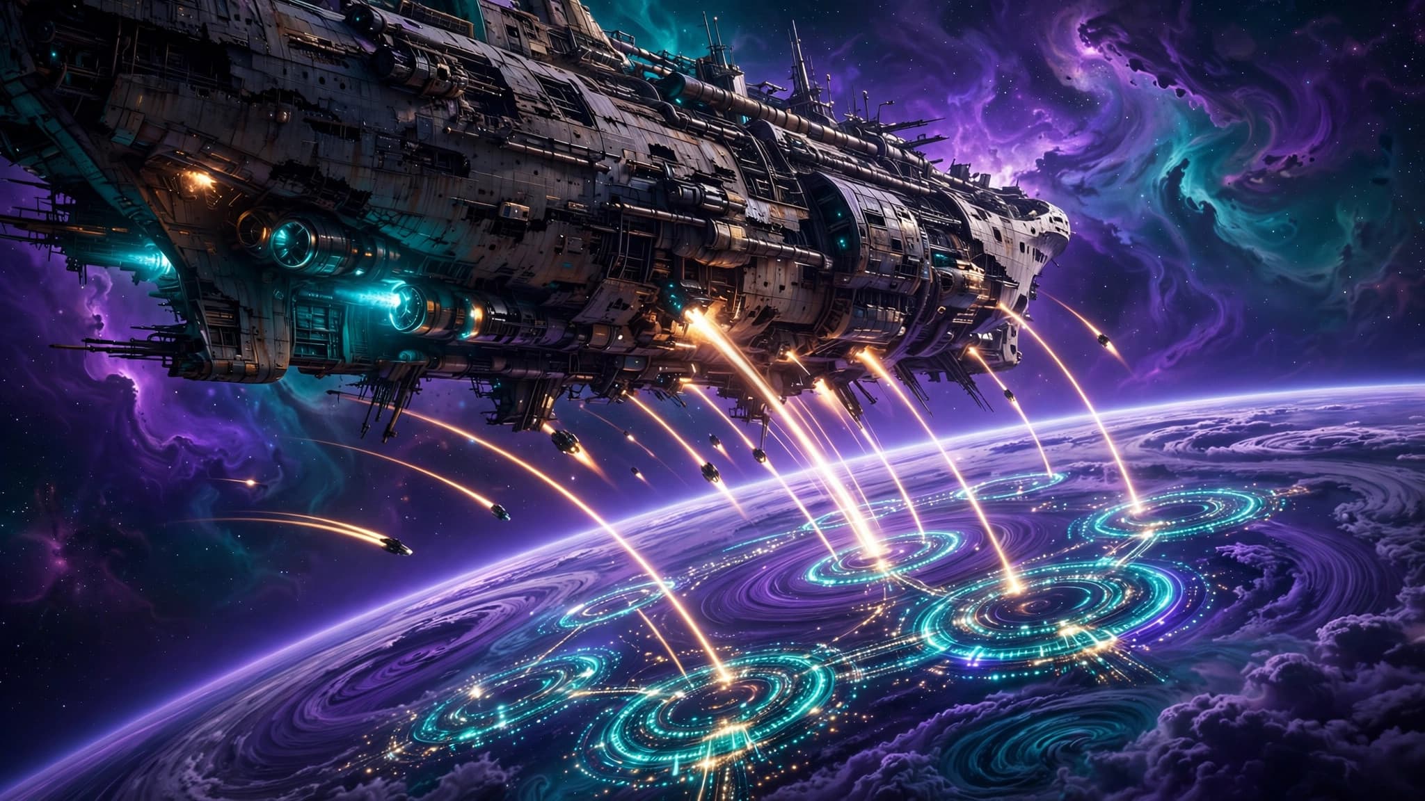 Terraforming Ark Ship Over Violet Exoplanet — Sci-Fi Concept Art