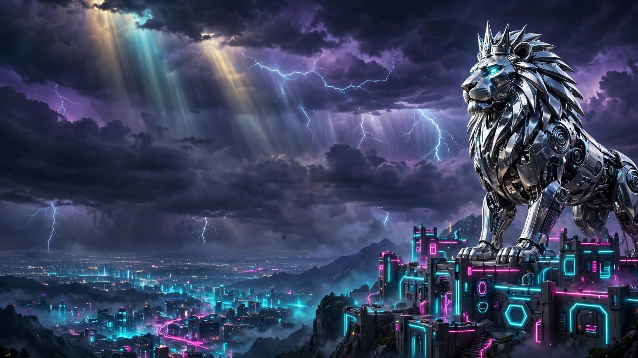 Chrome Robot Lion King on a Neon Mountain Fortress — Free YouTube Background — free ai image preview