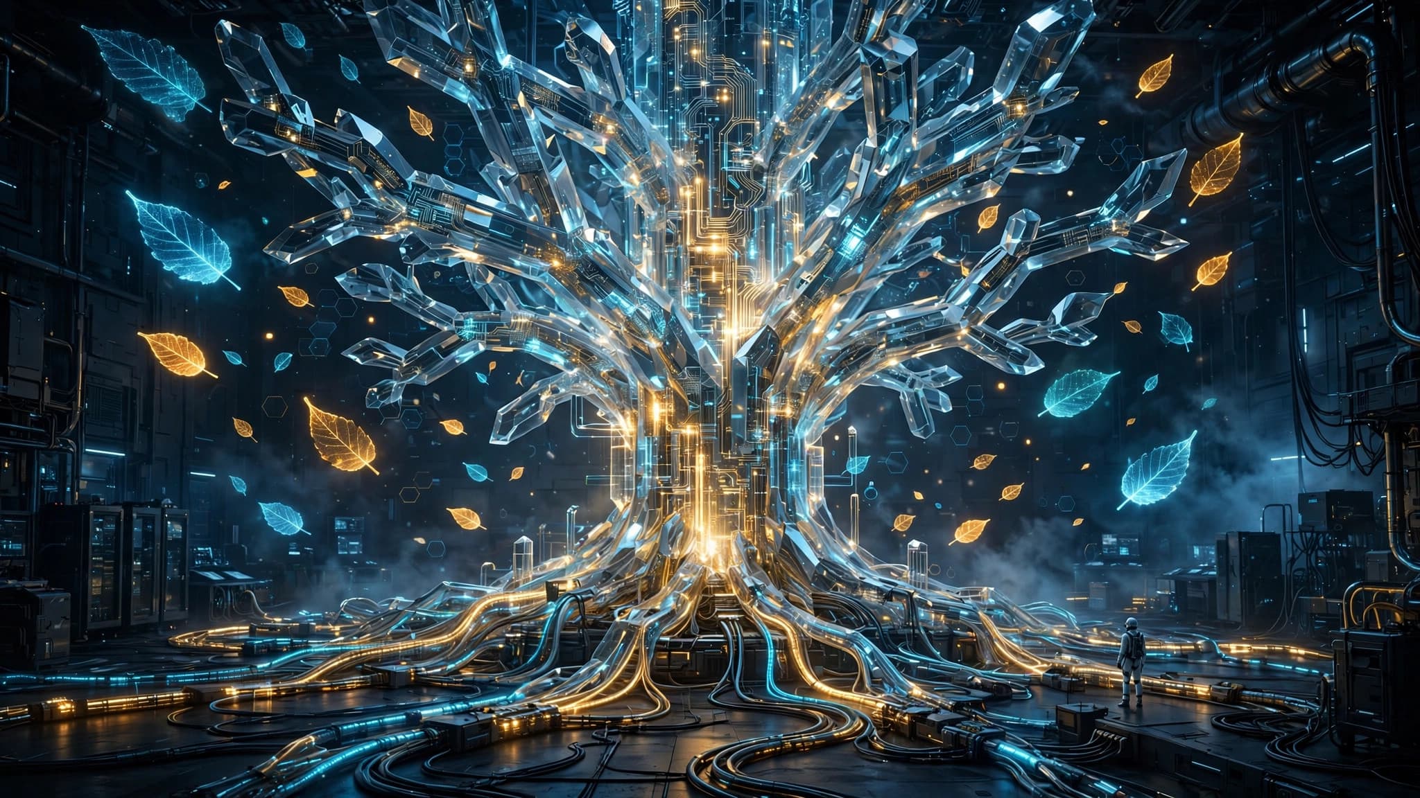 Crystal Quantum Tree — Glowing Data Leaves in a Futuristic Lab — free ai image preview