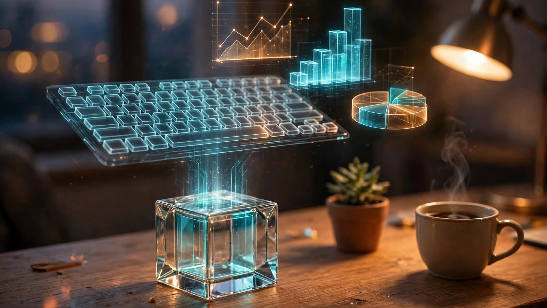 Glass Cube Projecting a Holographic Keyboard — Free Technology Image — free ai image preview