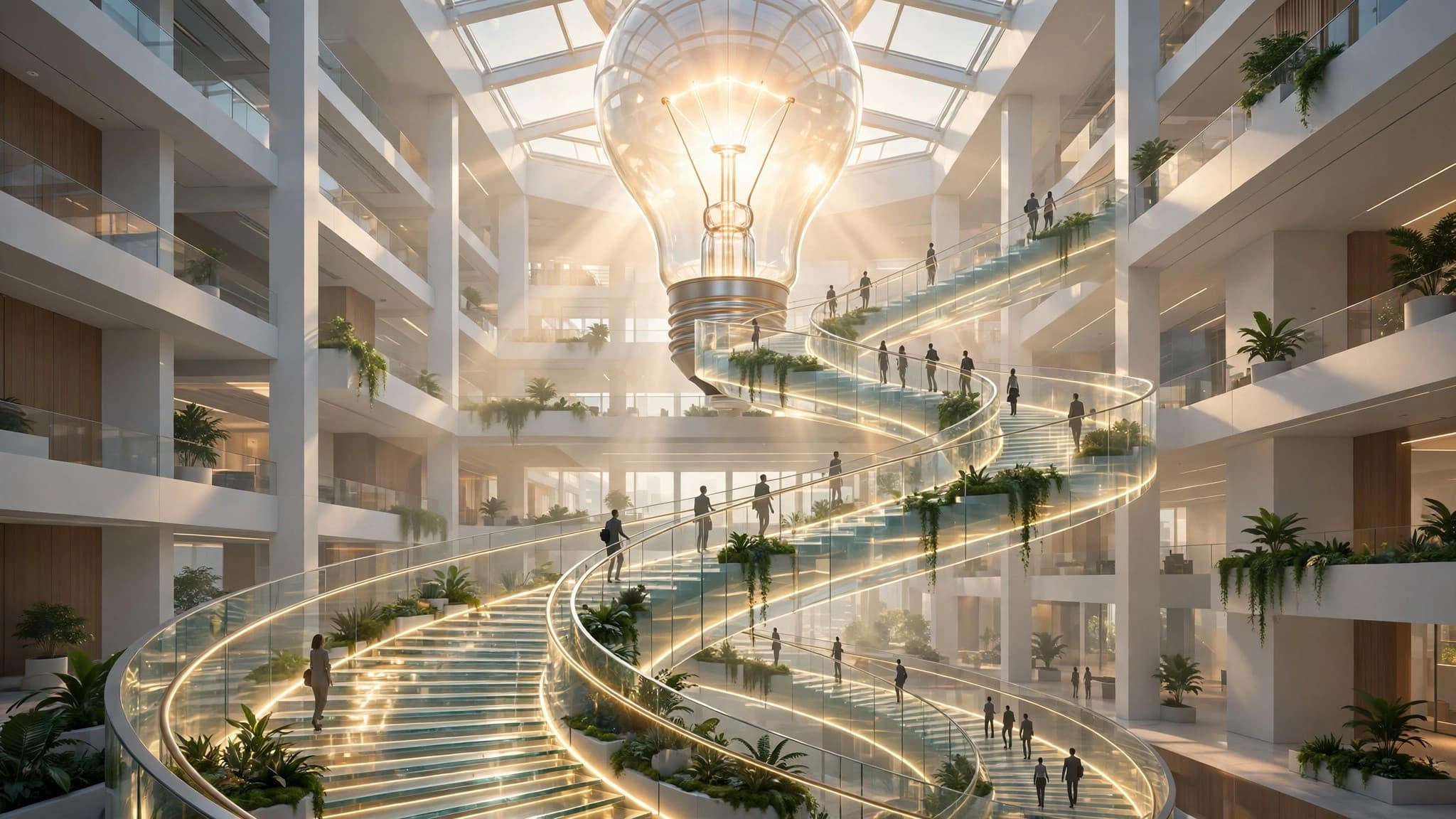 Glass Staircase to a Giant Lightbulb — Business Growth Atrium — free ai image preview