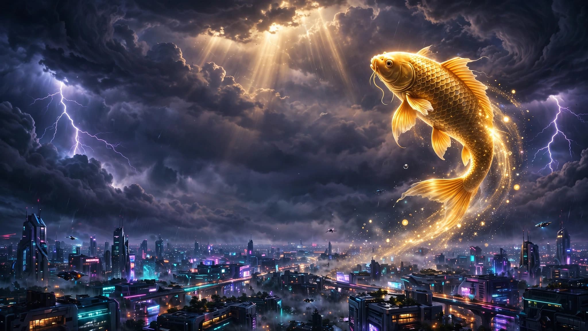 Golden Koi in a Neon Storm Sky — YouTube Thumbnail Background — free ai image preview