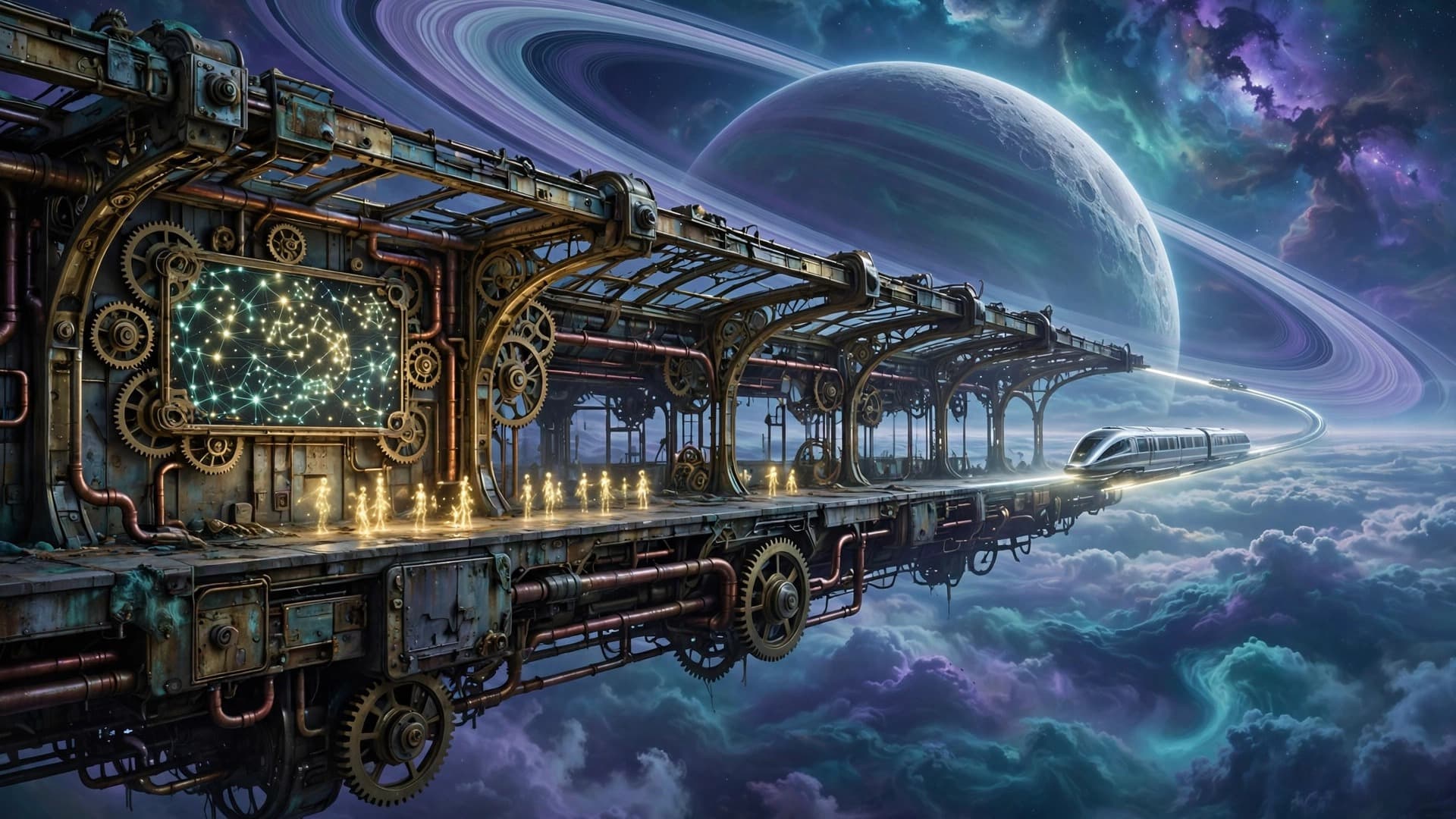 Levitating Clockwork Train Station Above a Ringed Planet — Free Sci-Fi Image — free ai image preview