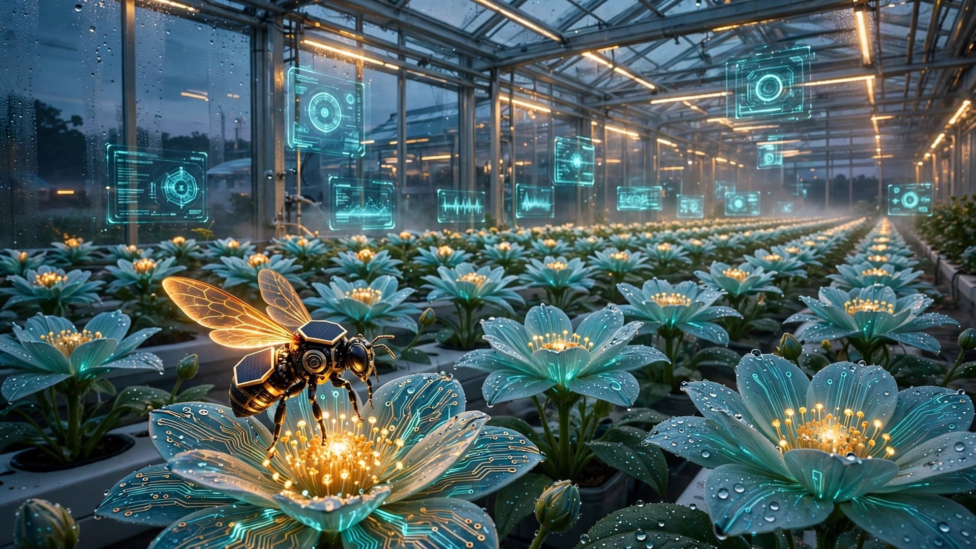 Solar Robot Bee Pollinating Circuit Flowers in a Smart Greenhouse — Free Technology Image — free ai image preview