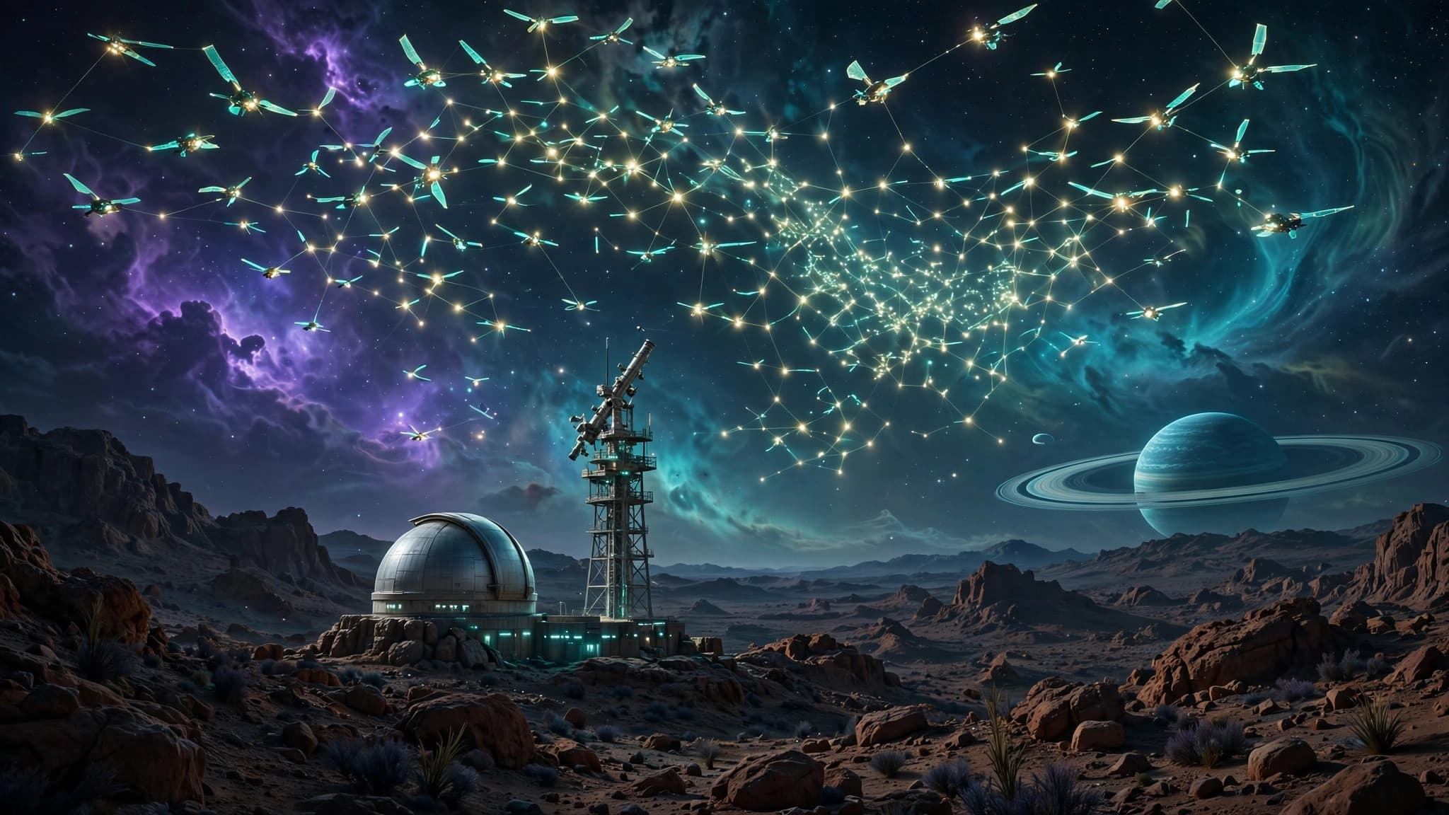 Solar-Sail Probes Over an Alien Observatory — Free Sci-Fi Image — free ai image preview