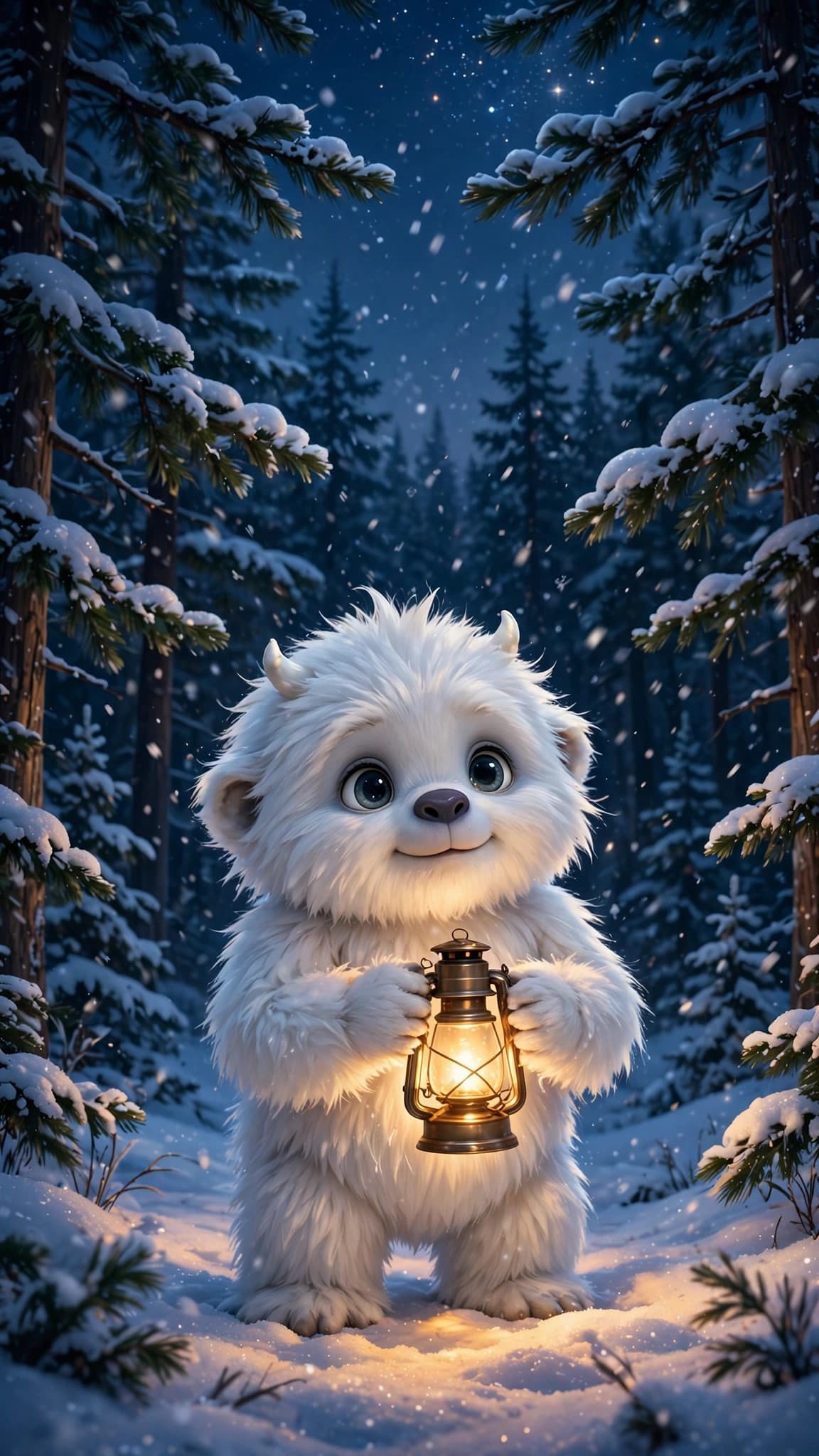 Baby Yeti with a Lantern in the Snow — Cute Winter Phone Wallpaper — free wallpaper preview