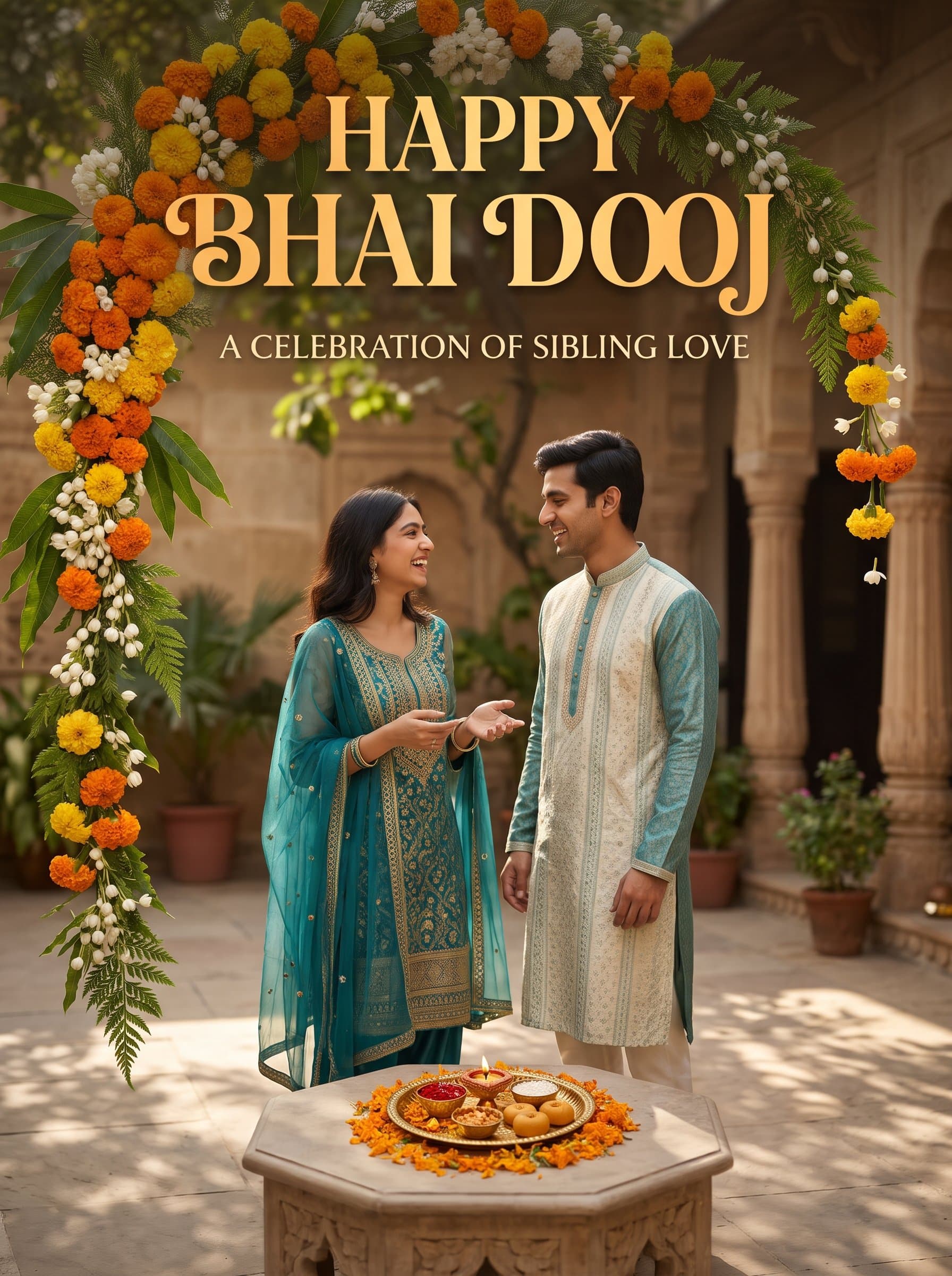 Happy Bhai Dooj Marigold Arch Poster — A Celebration of Sibling Love