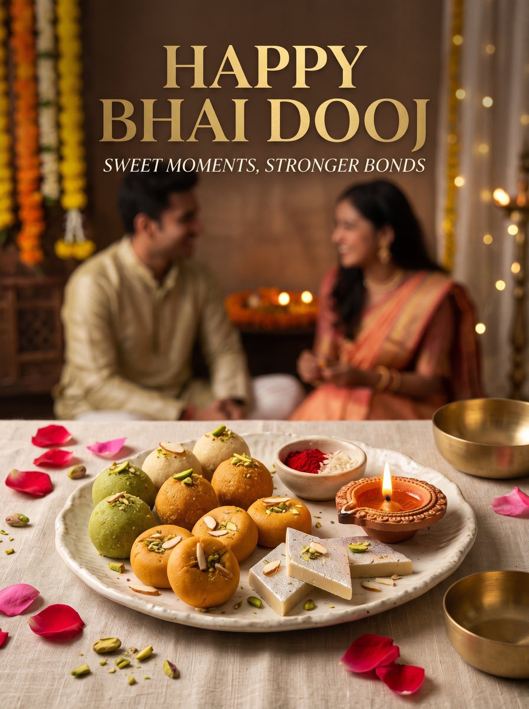 Happy Bhai Dooj Sweets & Diya Poster — Sweet Moments, Stronger Bonds