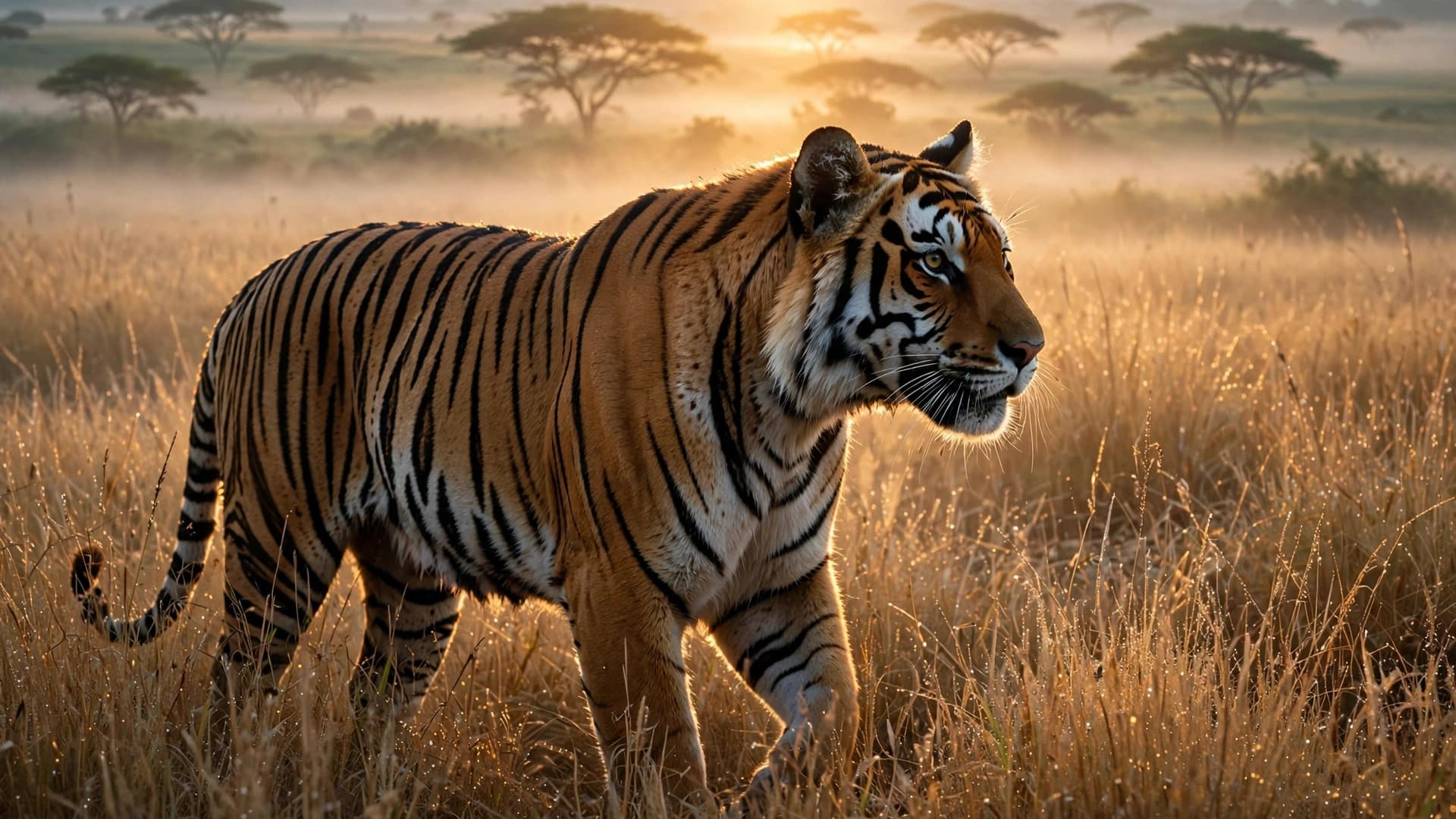 Bengal Tiger in Golden Grassland at Dawn