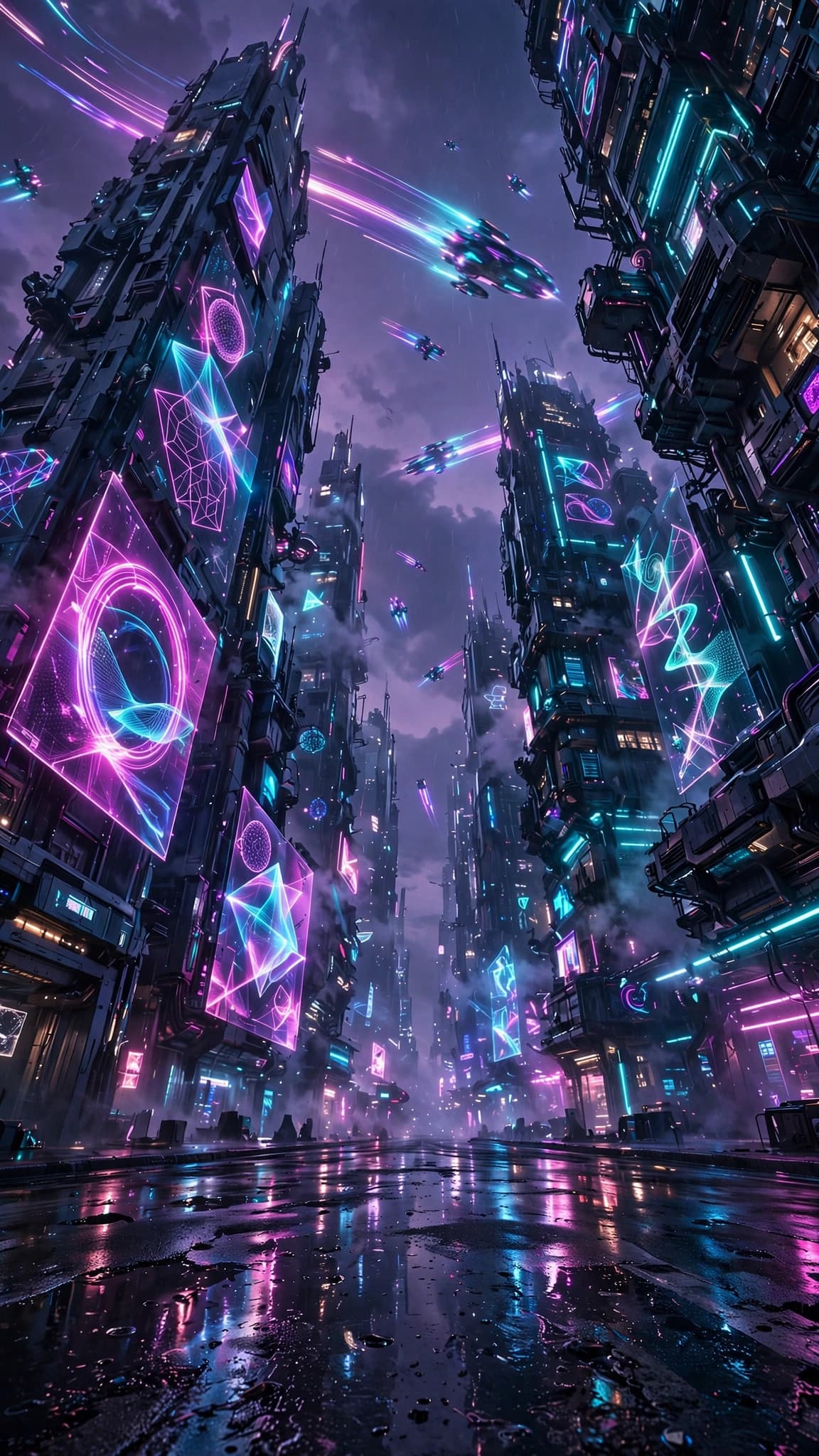 Cyberpunk City Street from Below — Neon Phone Wallpaper