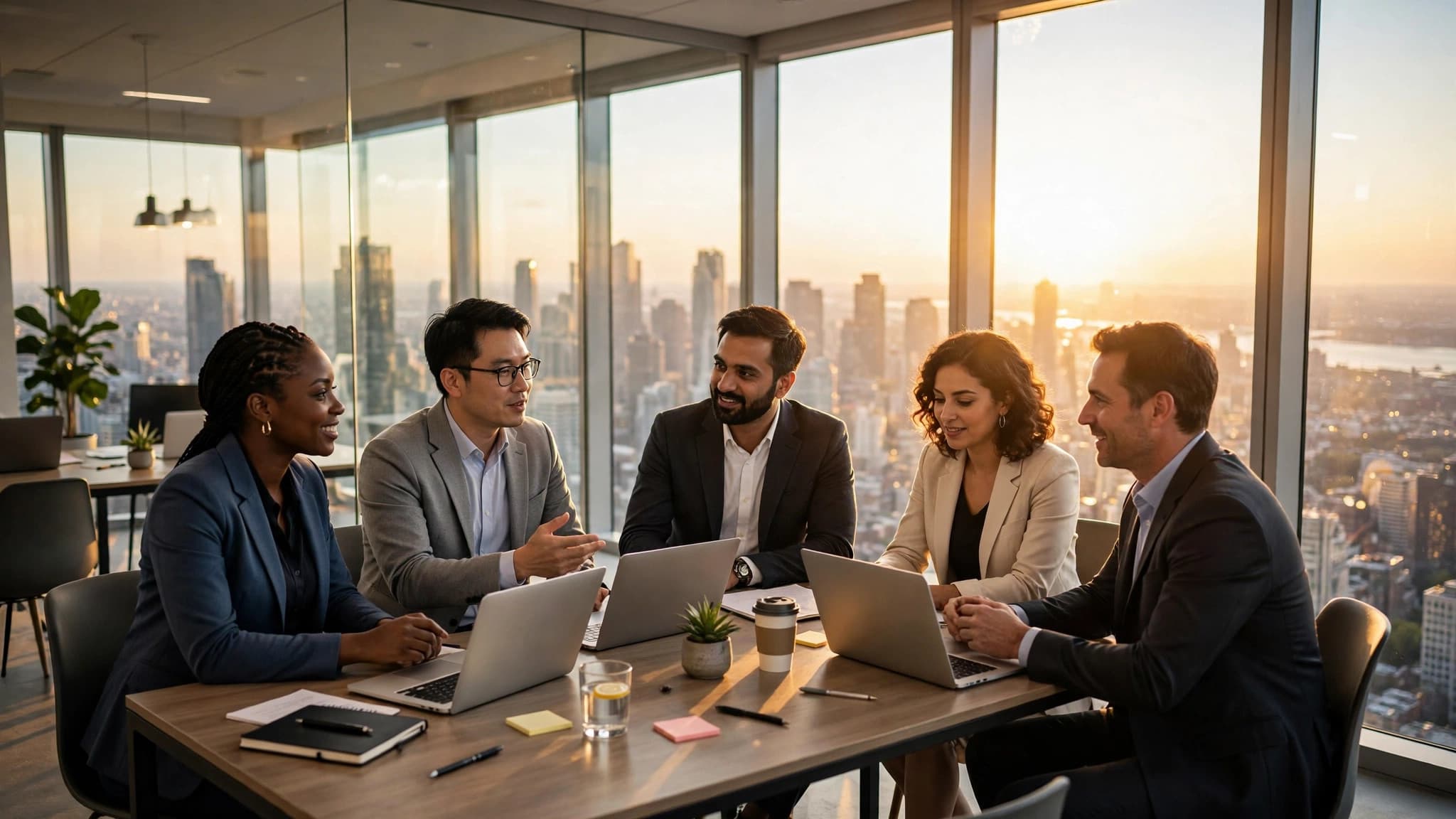 Business Team Meeting in a Glass Skyline Office