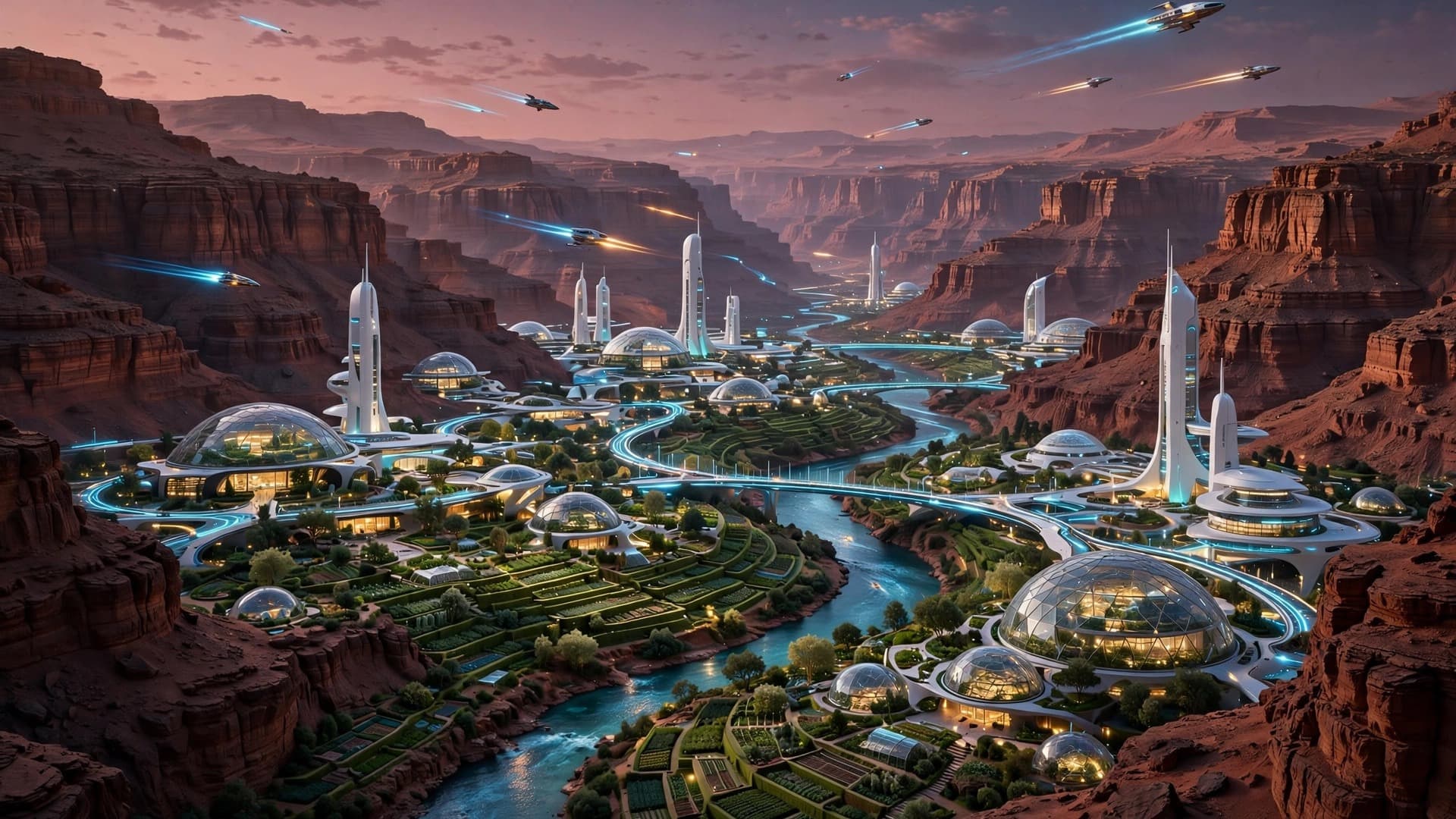 Terraformed Mars Canyon City at Dusk