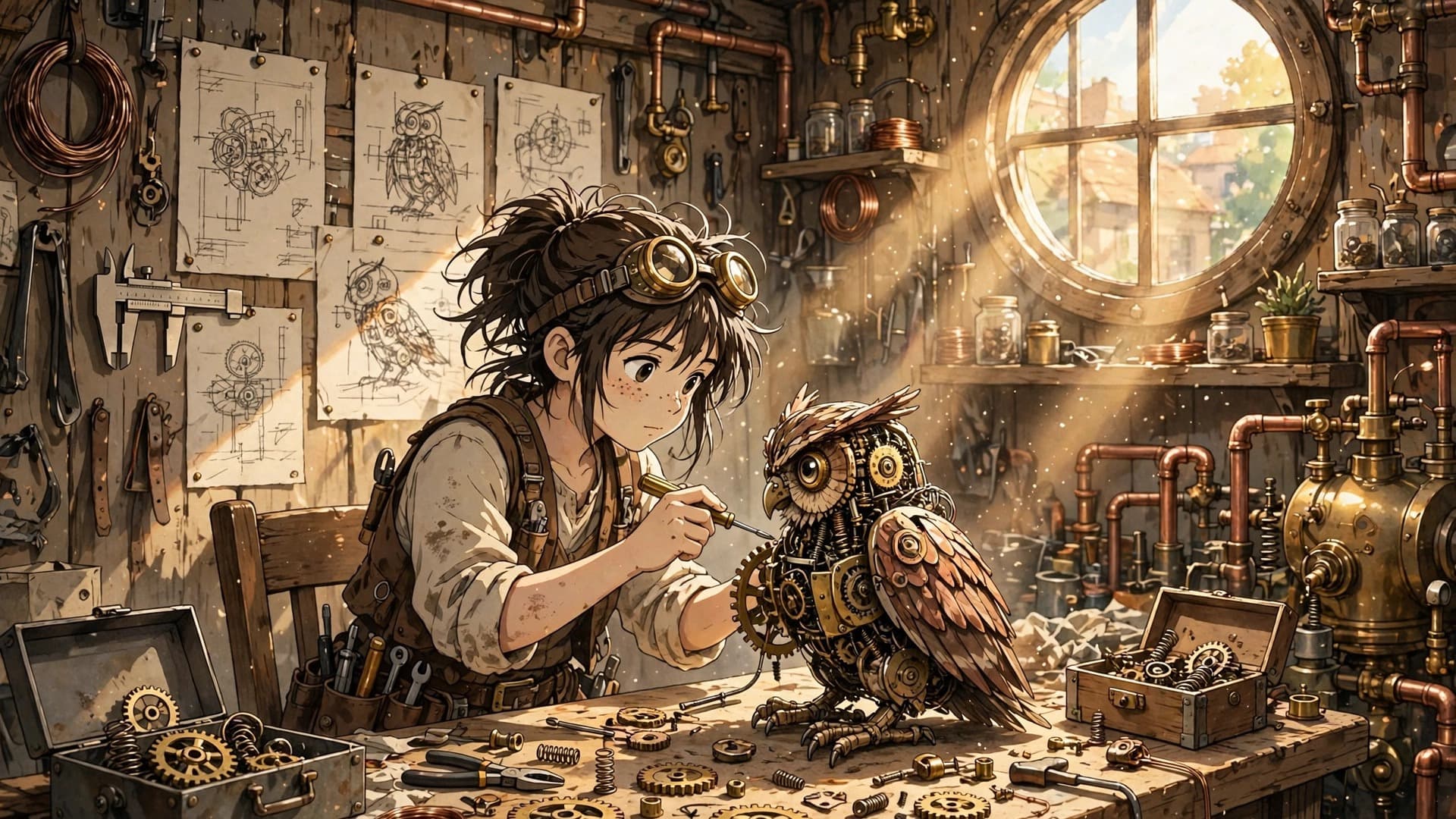 Clockwork Owl Inventor in a Sunlit Workshop — free ai image preview