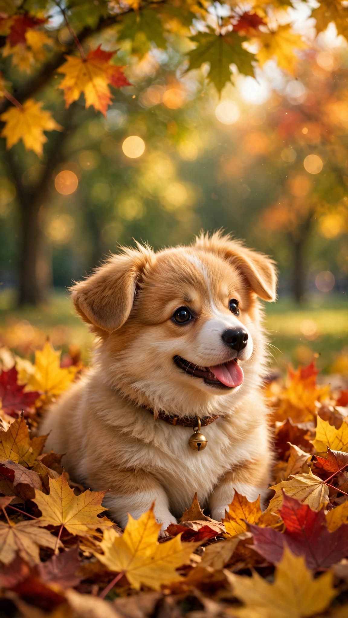 Smiling Corgi Puppy in Autumn Leaves — Cute Phone Wallpaper — free wallpaper preview