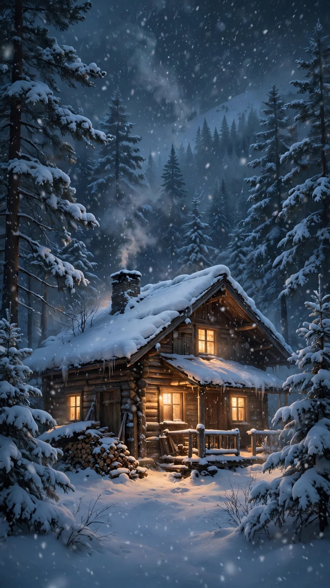 Cozy Mountain Cabin in a Blizzard — Winter Phone Wallpaper