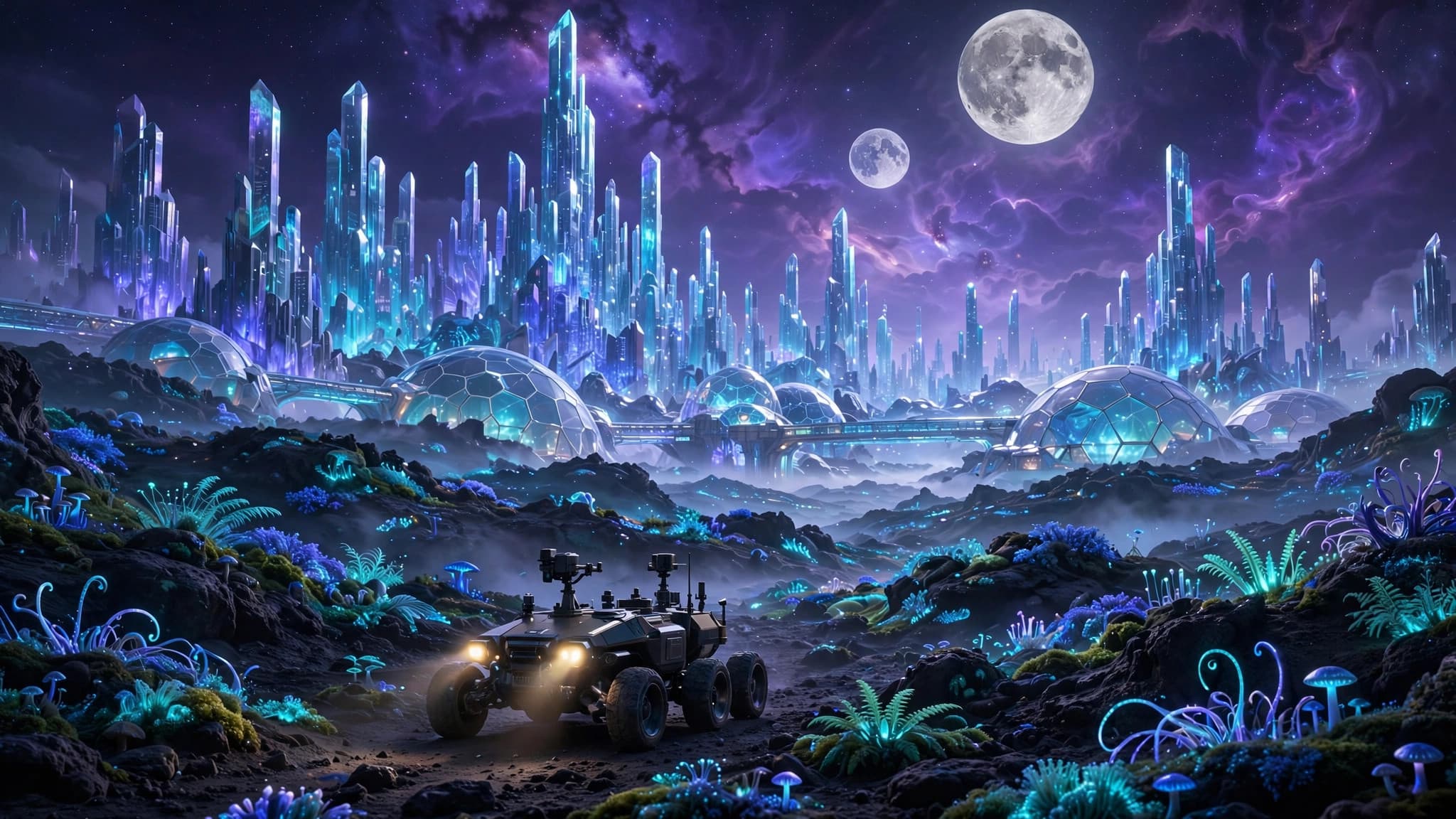 Crystalline Alien City Under Twin Moons