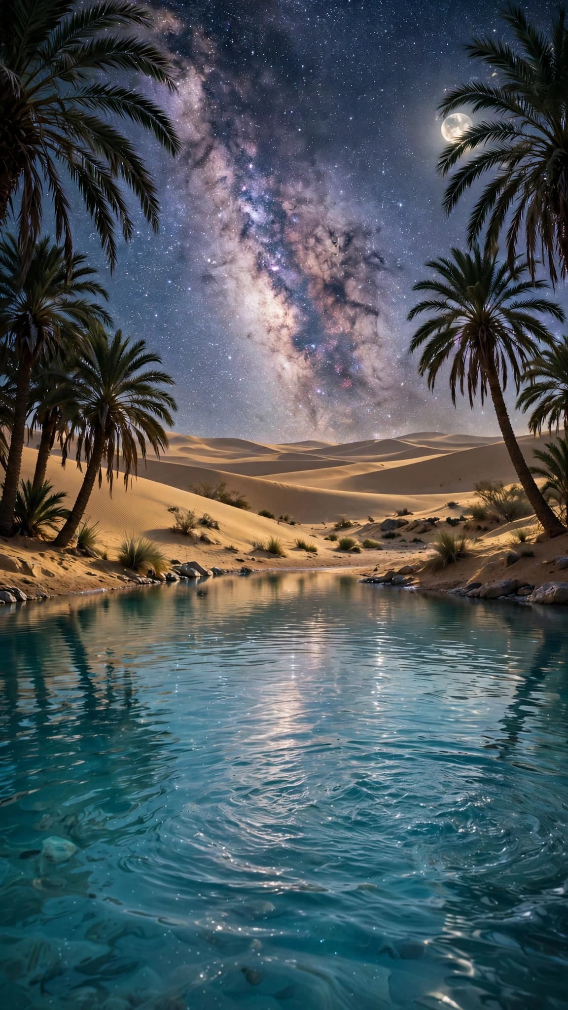 Desert Oasis Under the Milky Way — Night Phone Wallpaper — free wallpaper preview