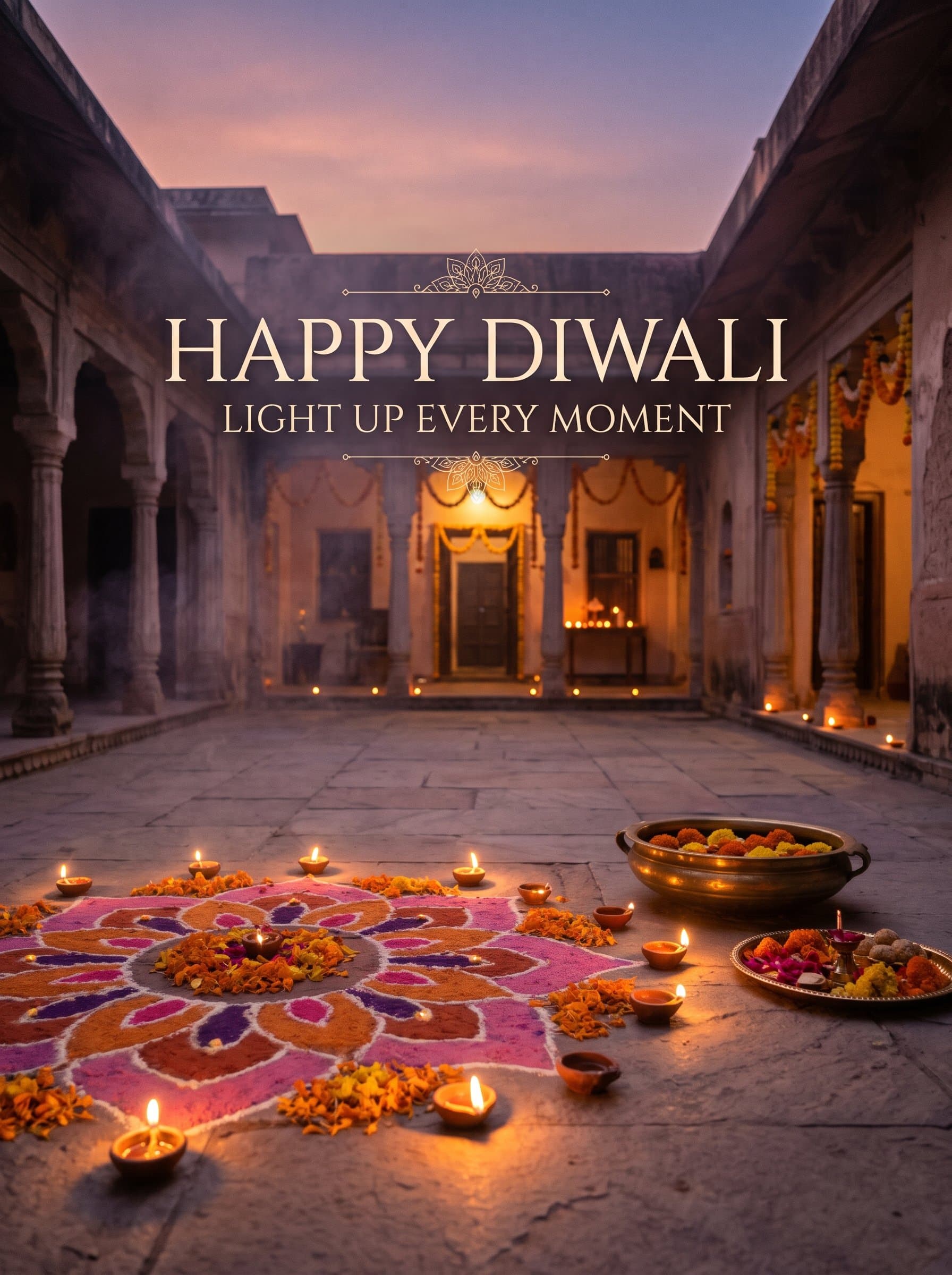 Happy Diwali Courtyard Rangoli Poster — Diyas at Dusk