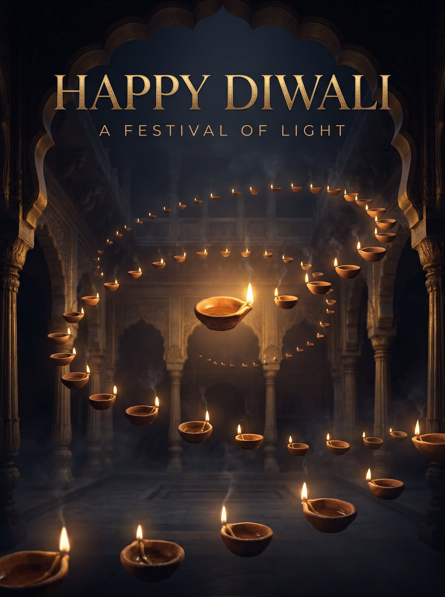 Happy Diwali Floating Diyas Poster — Lights in a Royal Palace