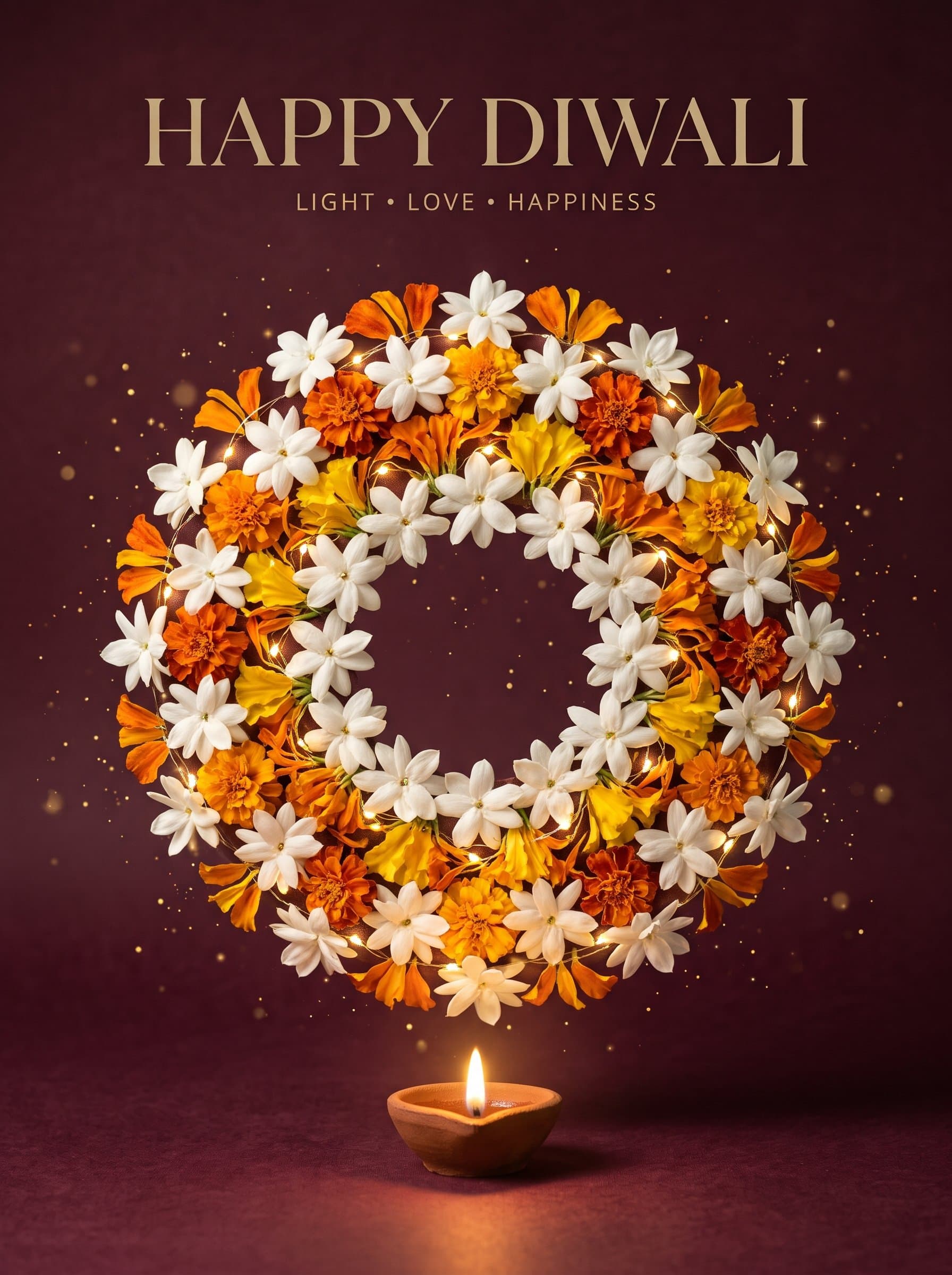 Happy Diwali Flower Wreath Poster — Marigold, Jasmine & Diya