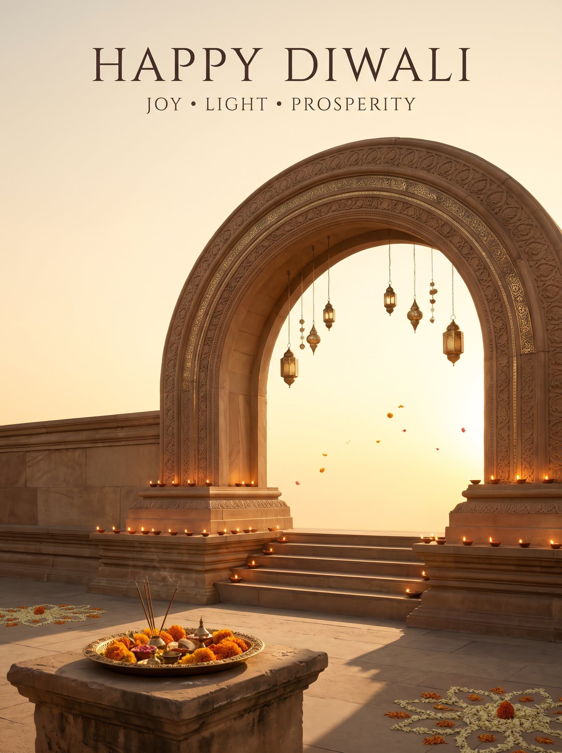 Happy Diwali Golden Archway Poster — Diyas, Lanterns & Puja Thali