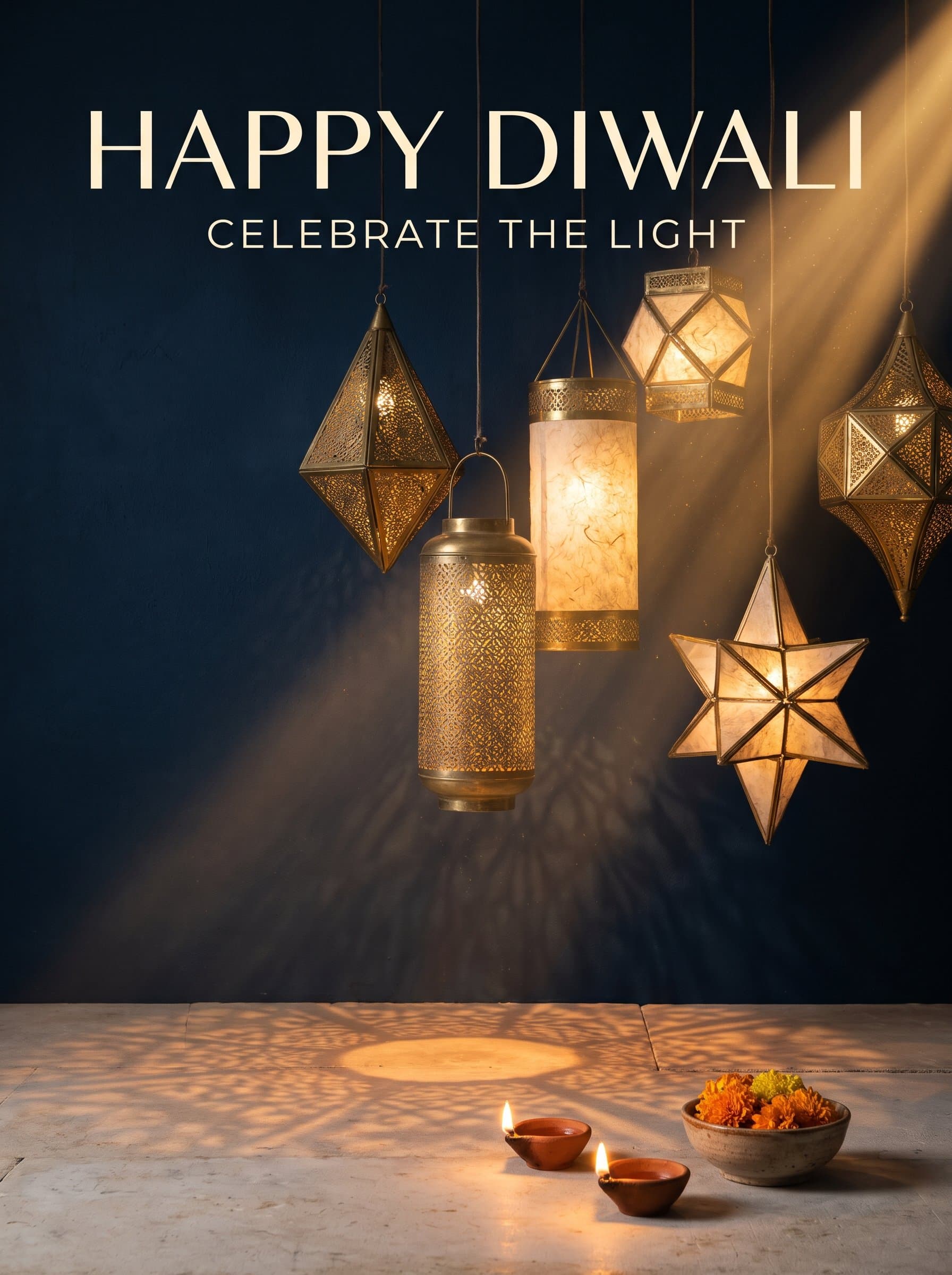 Happy Diwali Hanging Lanterns Poster — Golden Lights on Deep Blue