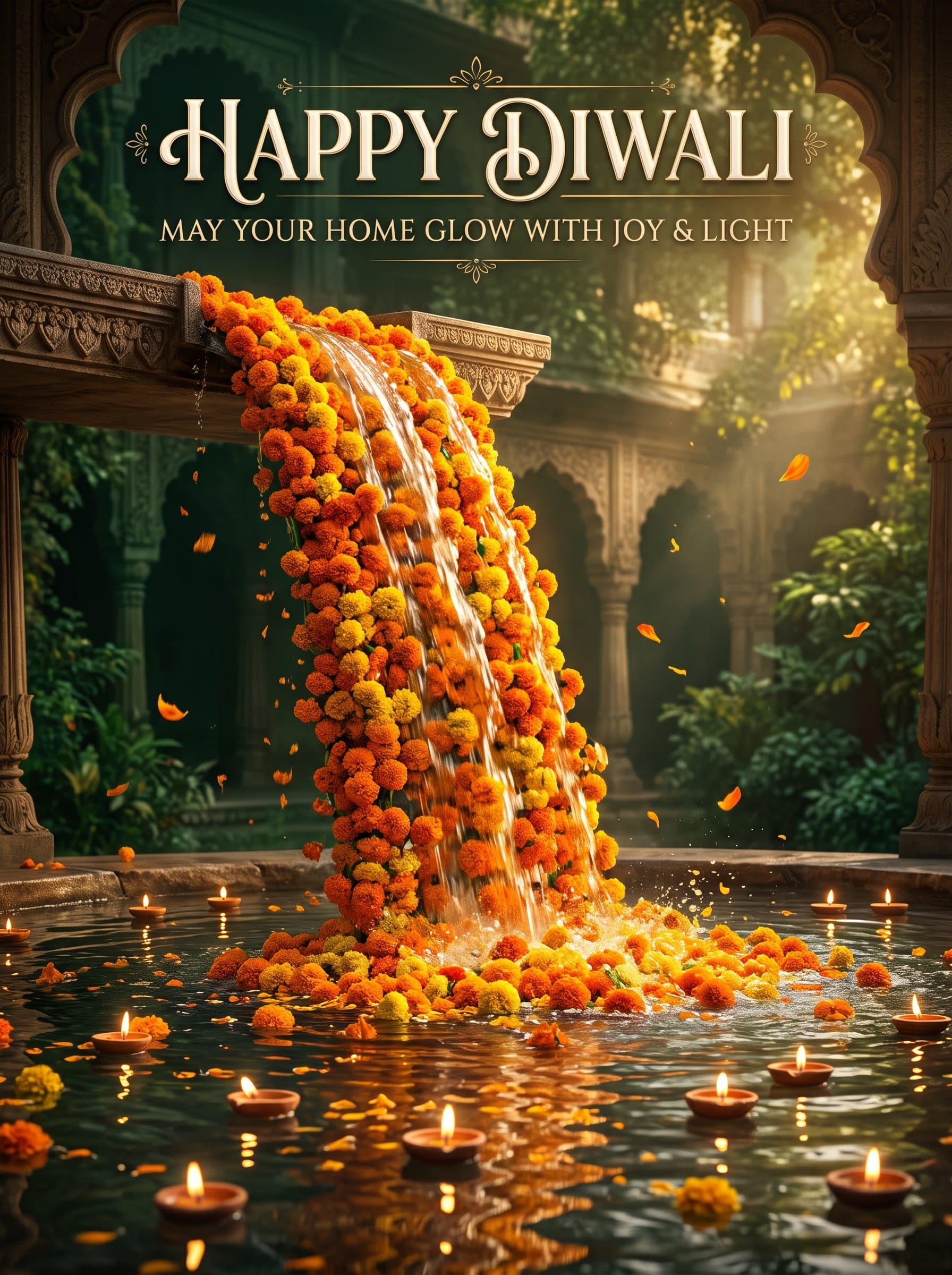Happy Diwali Marigold Waterfall Poster — Flowers & Floating Diyas