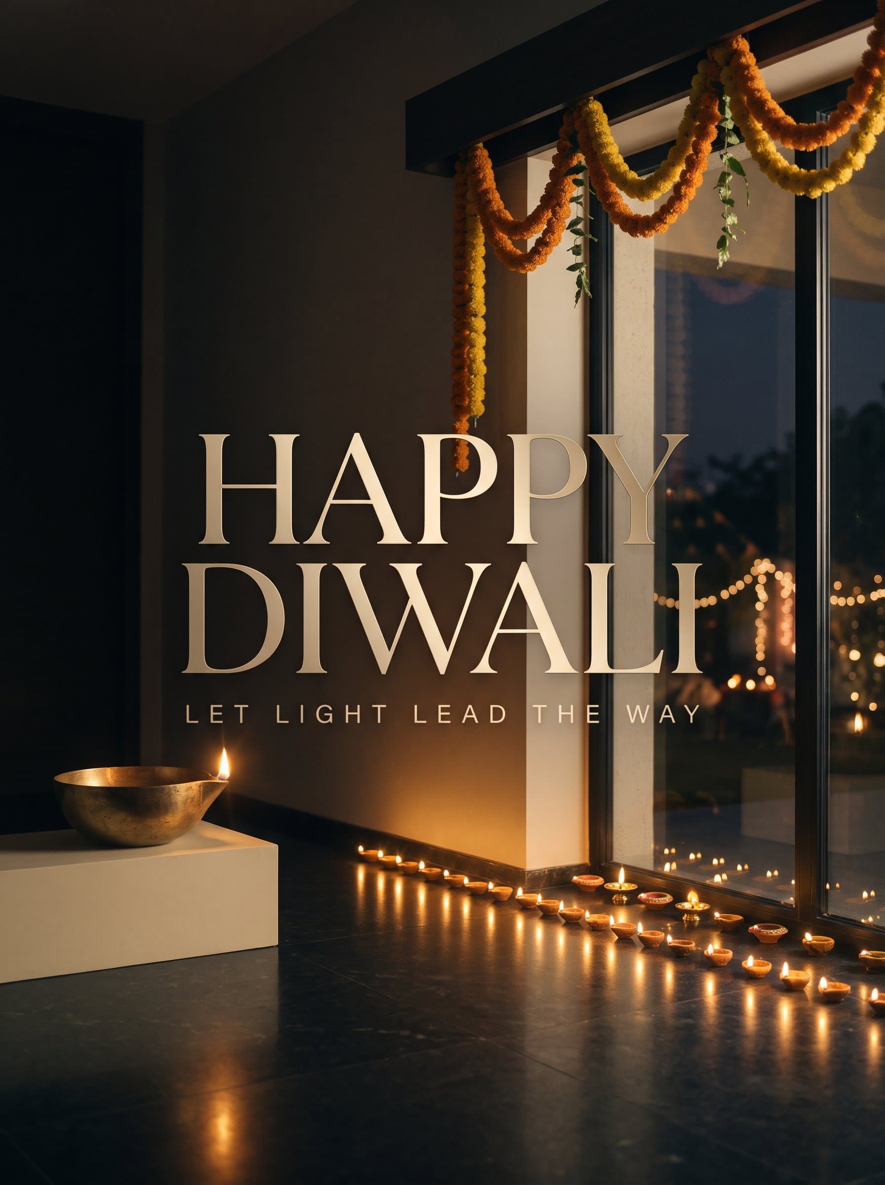 Happy Diwali Marigold Window Poster — Diyas & Garlands at Dusk