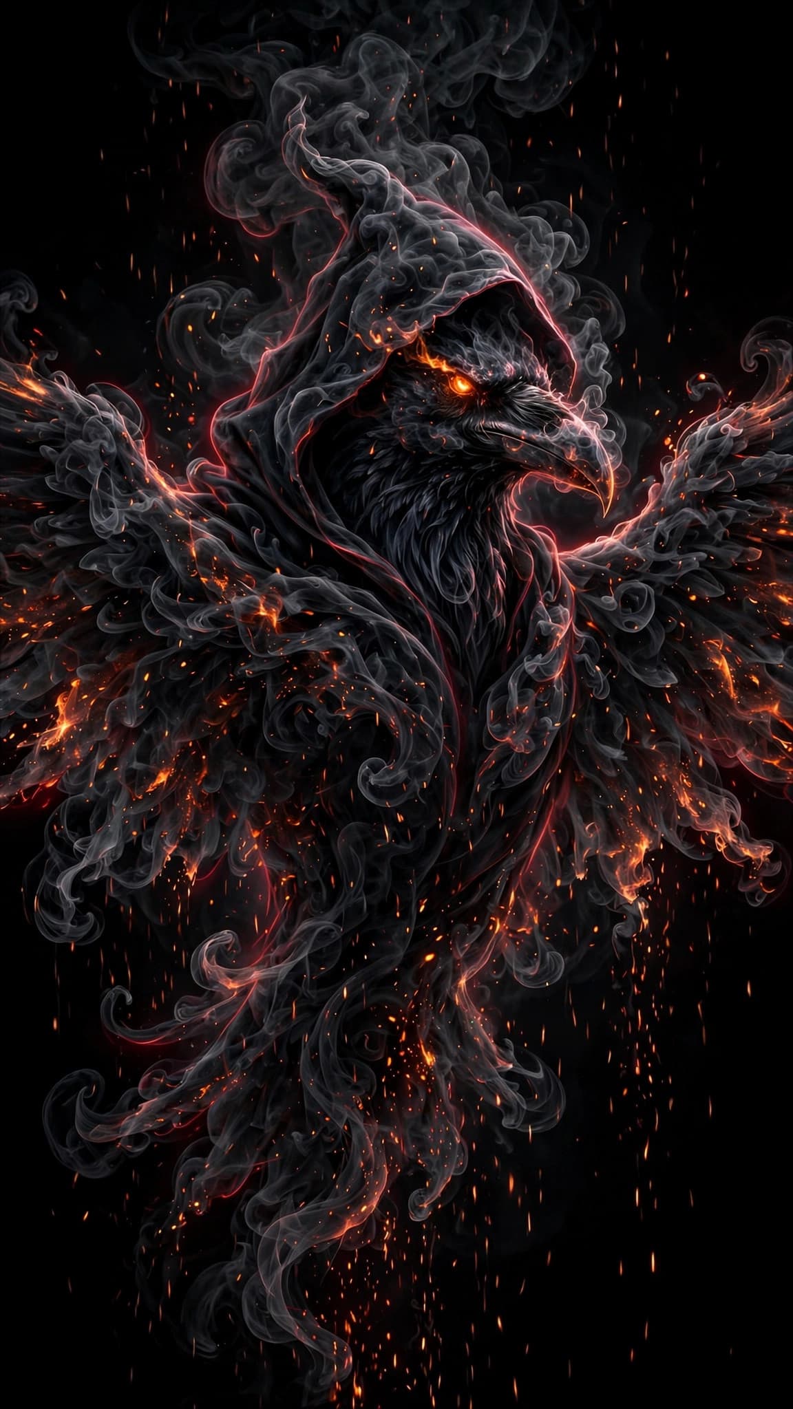 Ember Raven of Smoke and Fire — AMOLED Dark Phone Wallpaper — free wallpaper preview