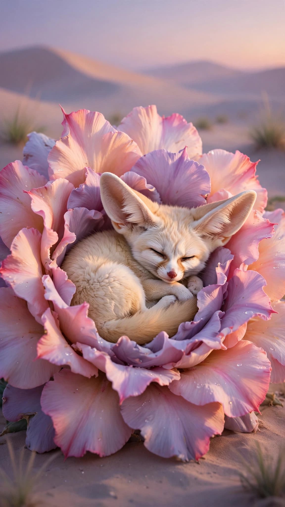 Sleeping Fennec Fox in a Giant Desert Rose — Cute Phone Wallpaper — free wallpaper preview