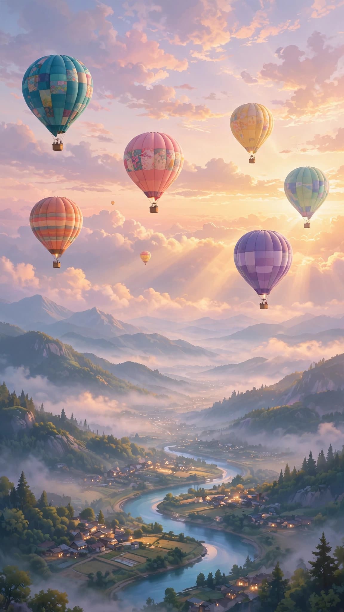 Hot-Air Balloons Over a Misty Valley at Sunrise — Dreamy Phone Wallpaper — free wallpaper preview