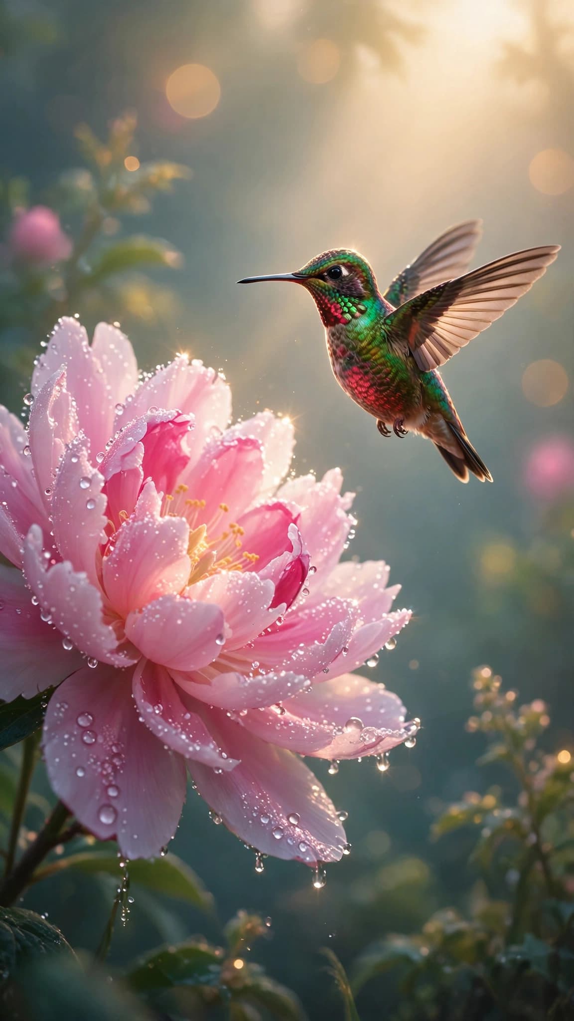 Hummingbird at a Glowing Blossom at Dawn — Nature Phone Wallpaper — free wallpaper preview