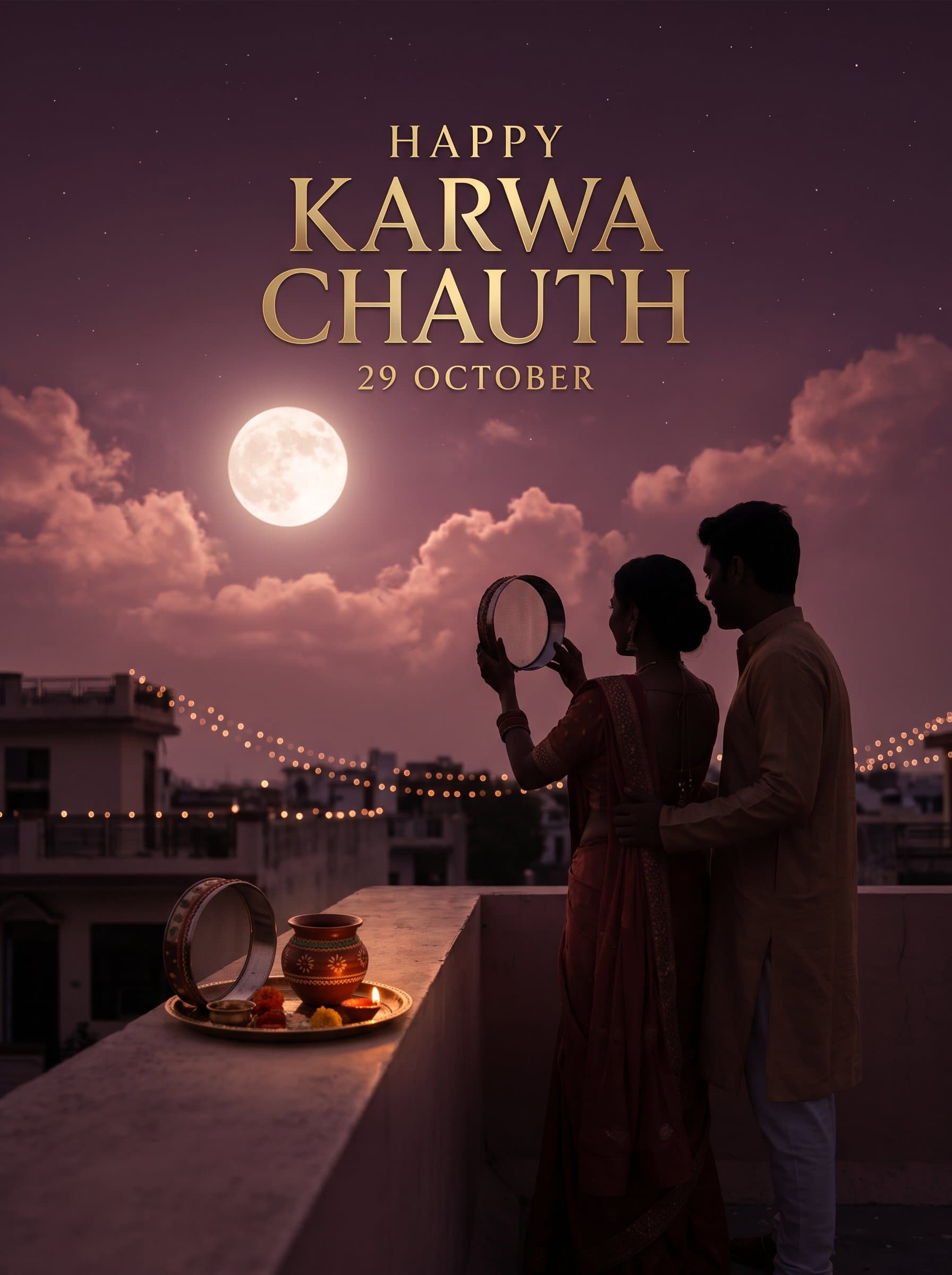 Happy Karwa Chauth Couple Poster — Moon Ritual on the Rooftop