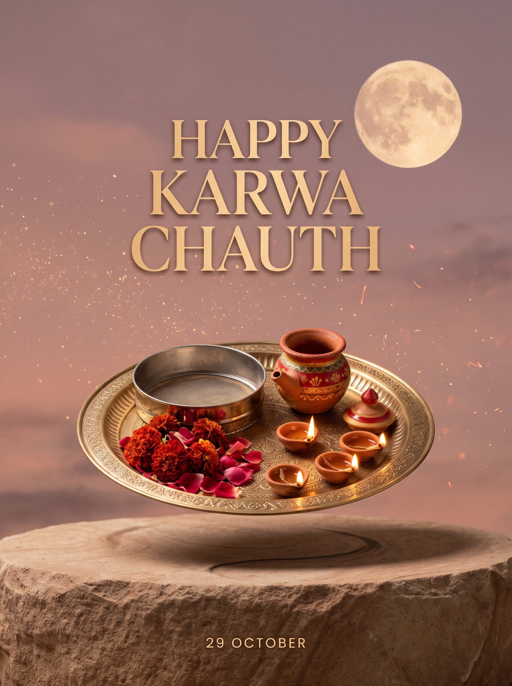 Happy Karwa Chauth Floating Thali Poster — Golden Night