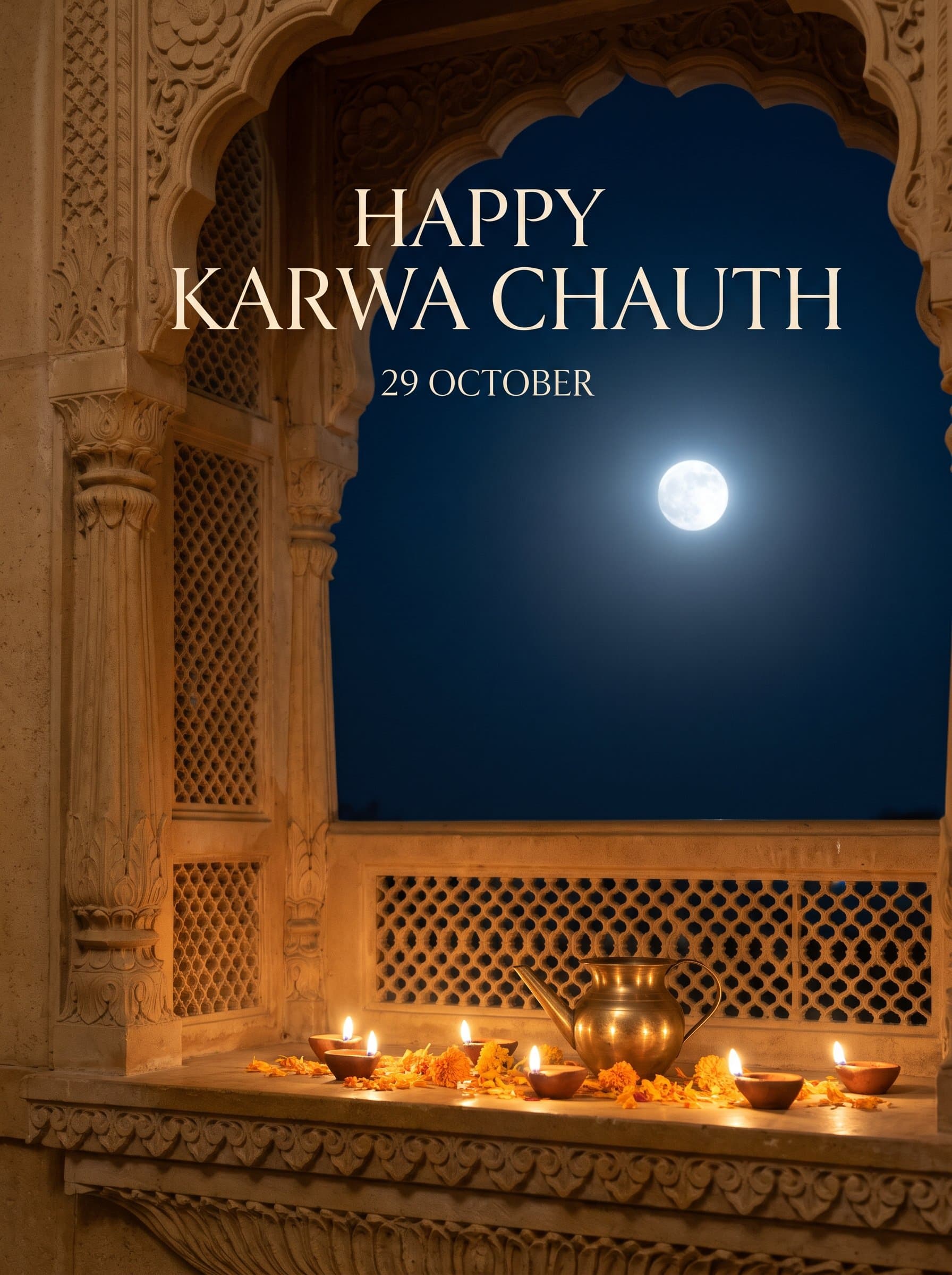 Happy Karwa Chauth Jharokha Poster — Diyas Under the Moon