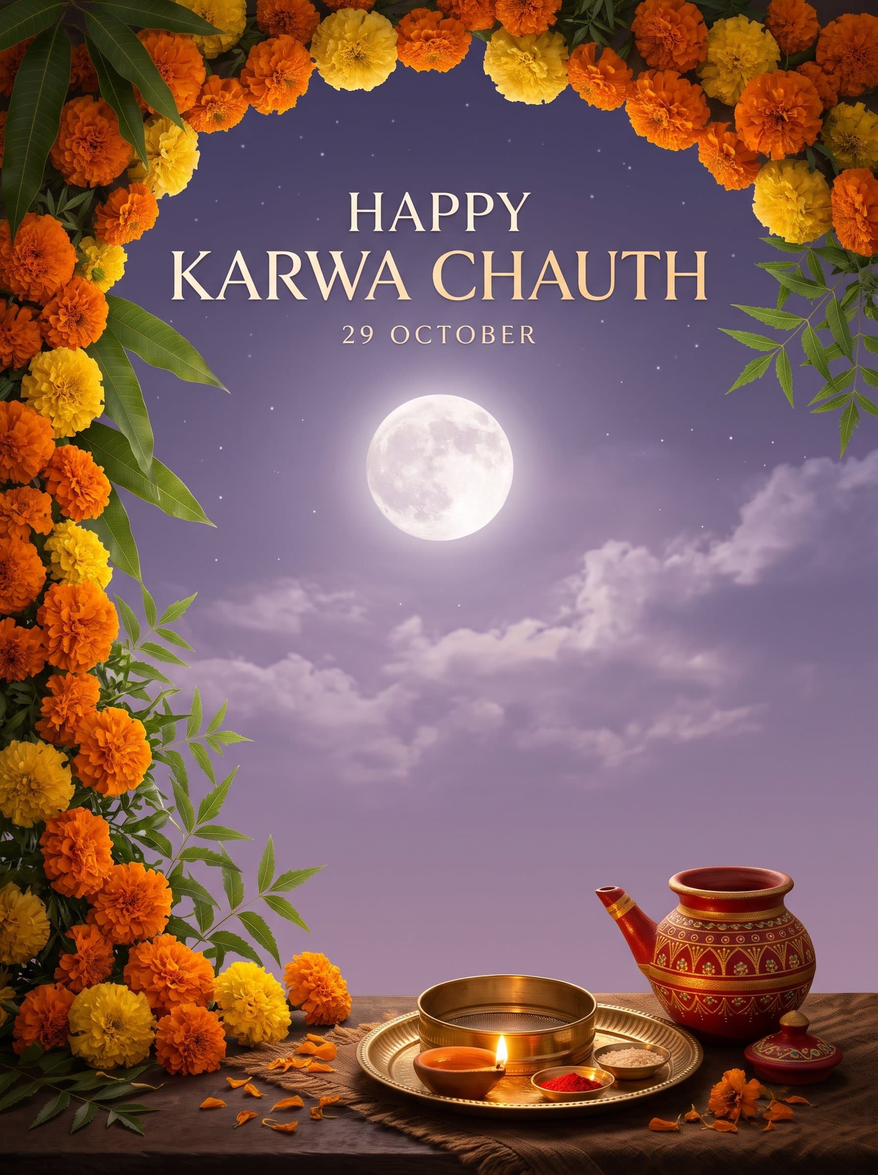 Happy Karwa Chauth Marigold Poster — Moon & Festive Thali