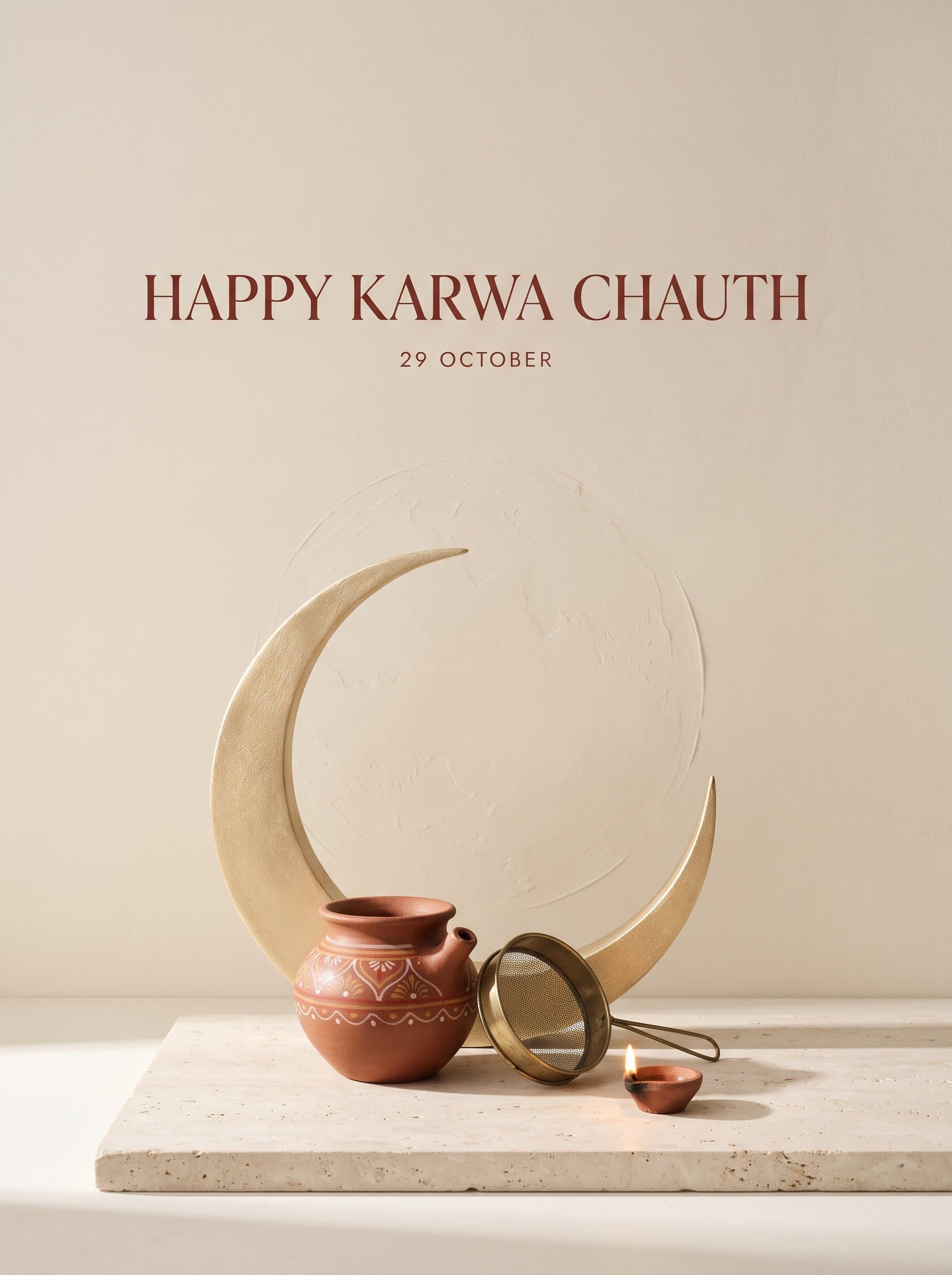 Happy Karwa Chauth Minimal Poster — Golden Crescent & Karwa