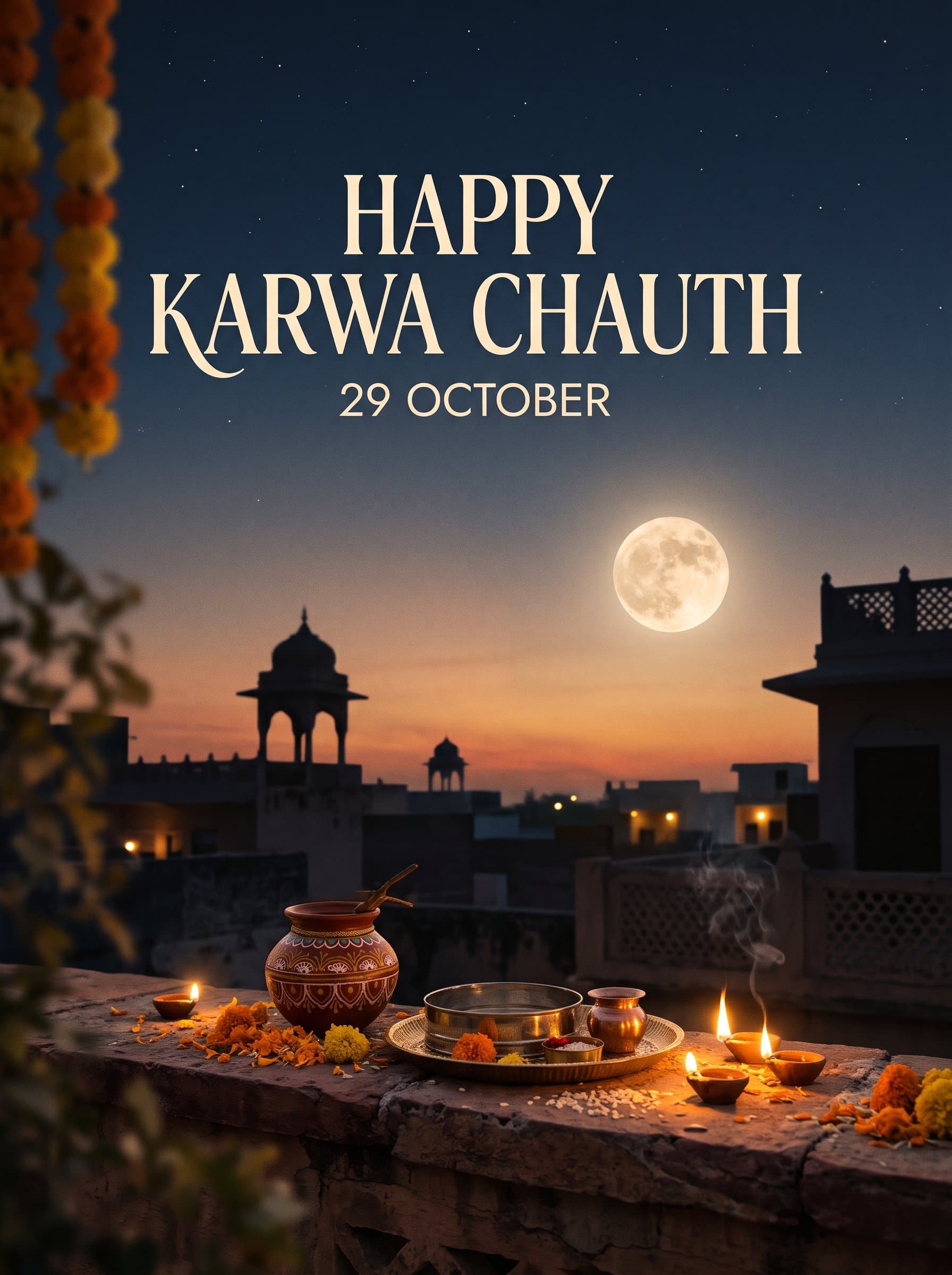 Happy Karwa Chauth Moonlit Thali Poster — Rooftop Under the Moon