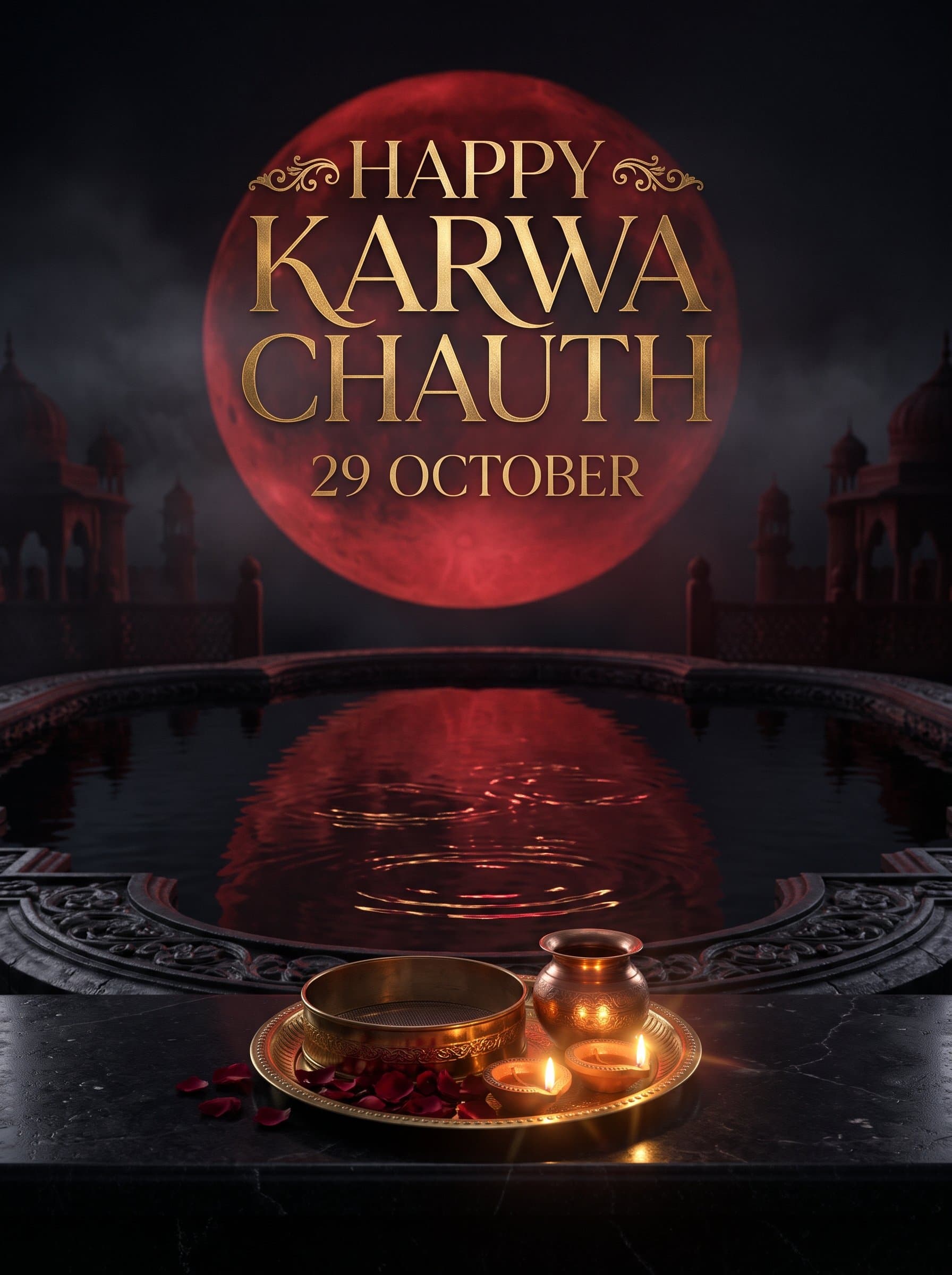 Happy Karwa Chauth Red Moon Poster — Palace & Sacred Thali