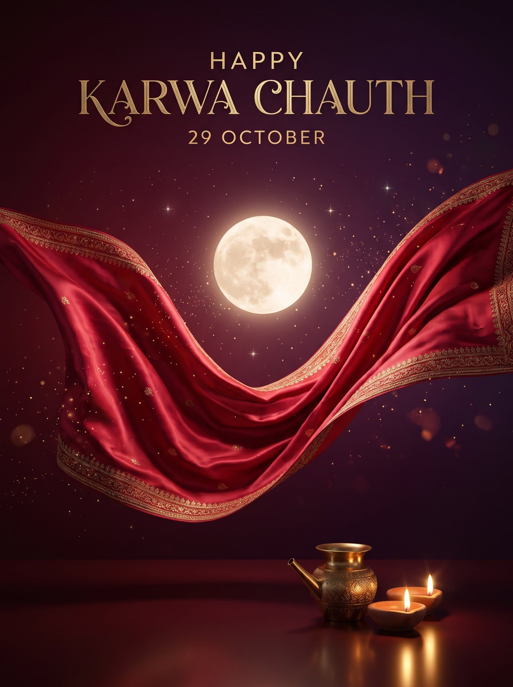 Happy Karwa Chauth Red Saree Poster — Moon Through Silk