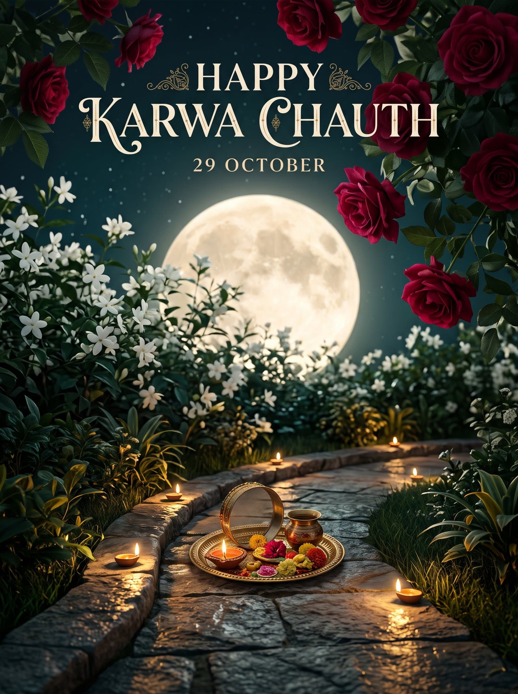Happy Karwa Chauth Rose Garden Poster — Moonlit Path & Thali