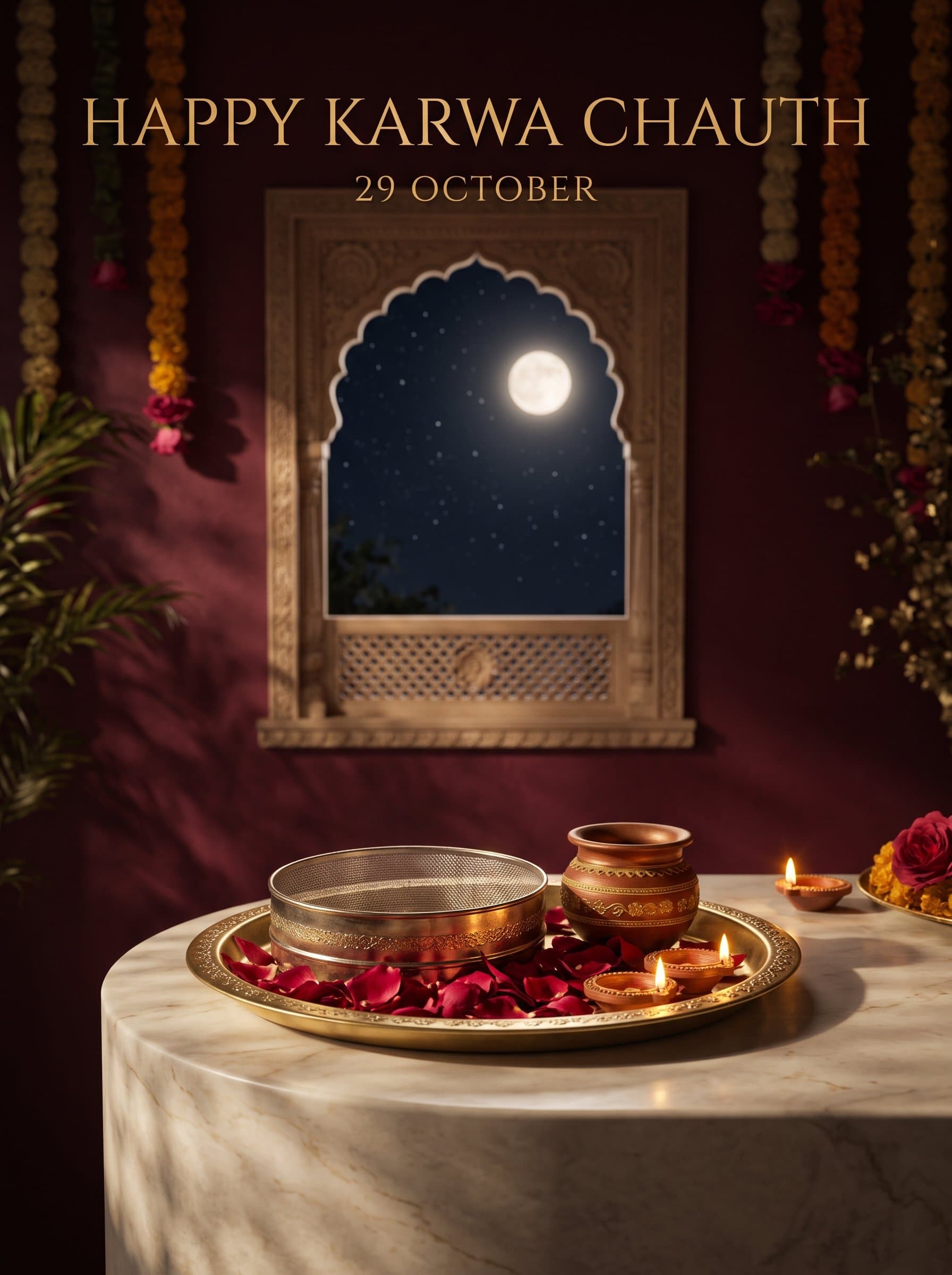 Happy Karwa Chauth Royal Thali Poster — Moon Through the Jharokha