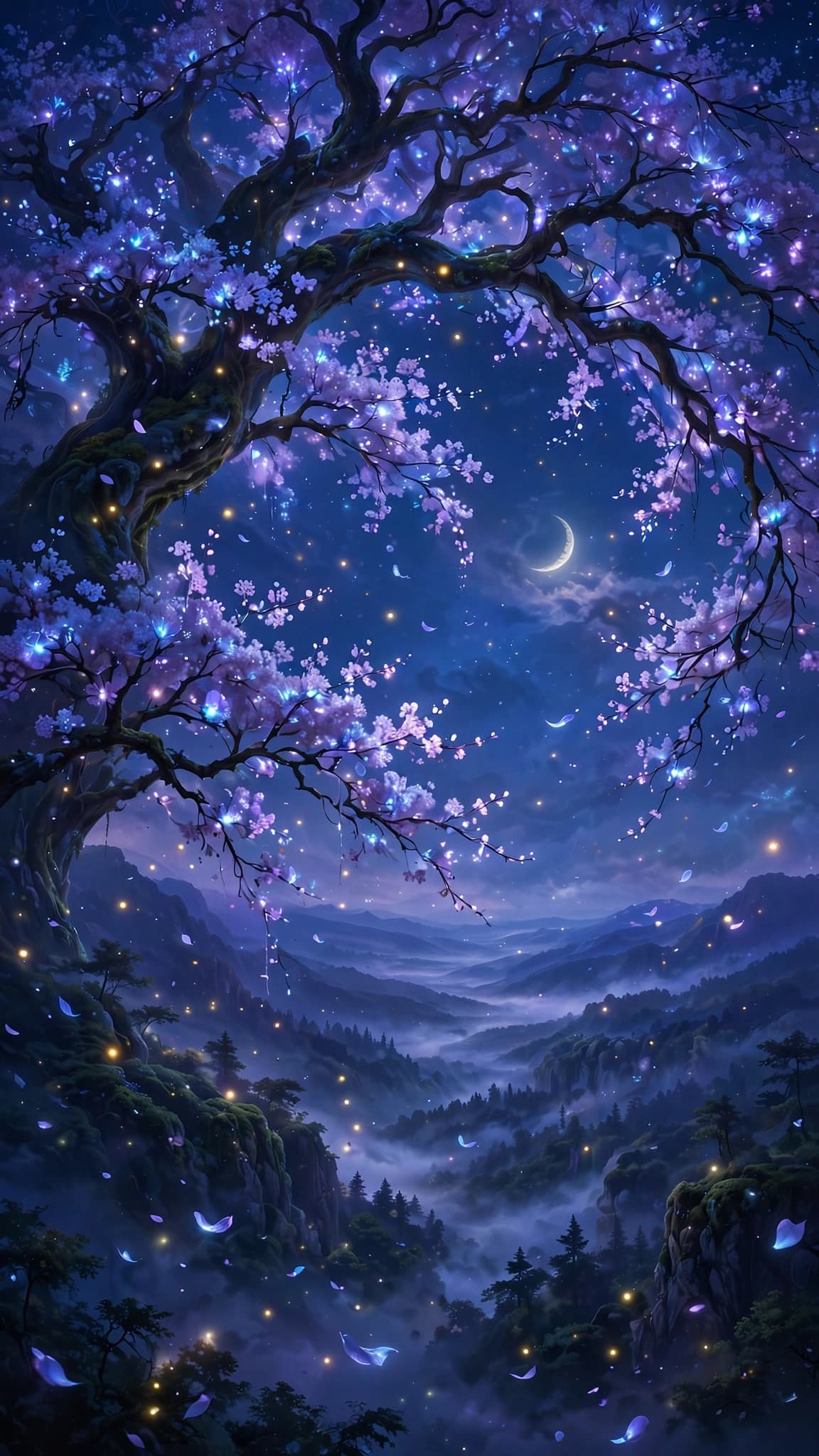 Glowing Cherry-Blossom Tree at Night — Fantasy Phone Wallpaper