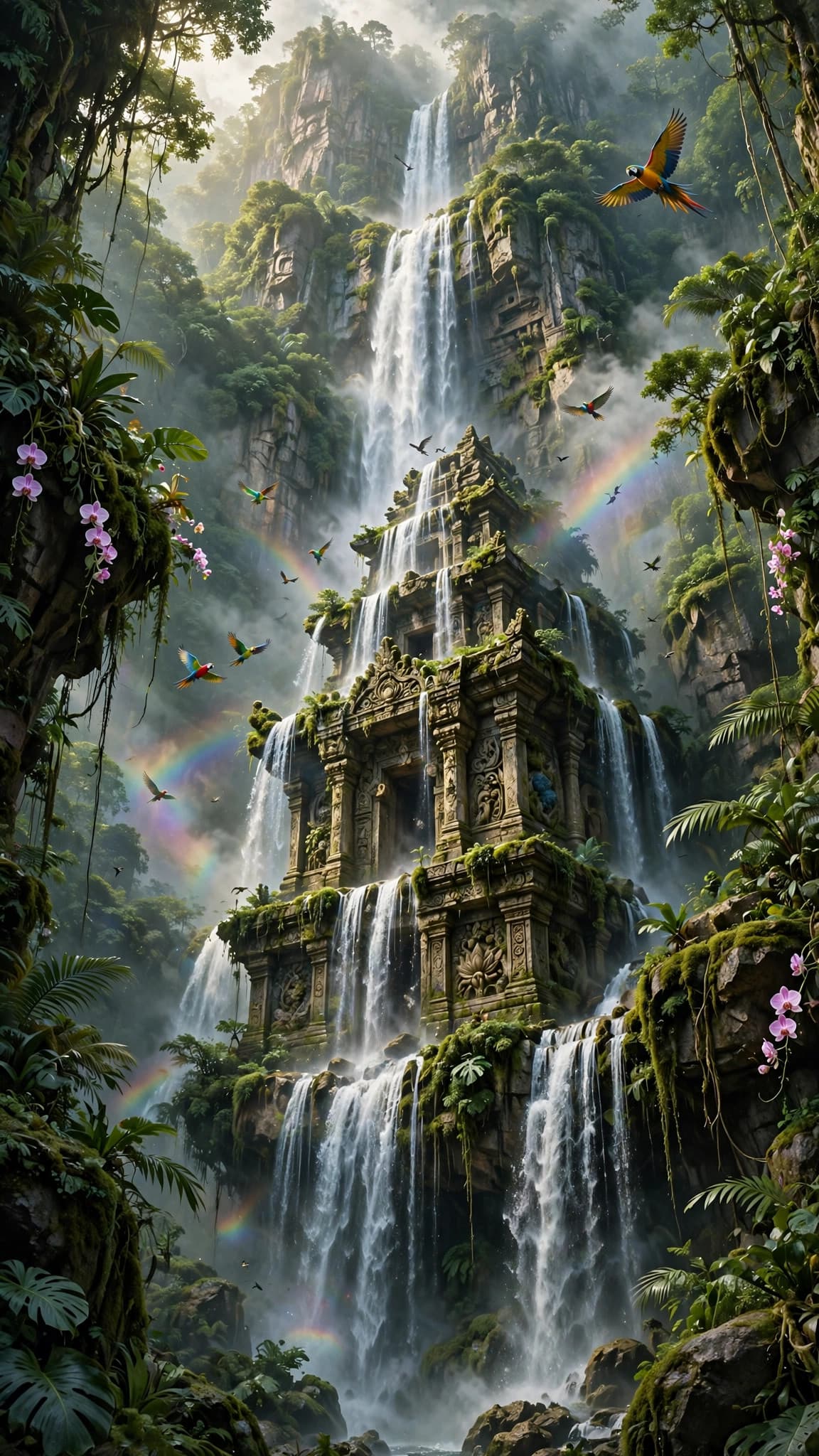 Waterfall Temple in the Misty Jungle — Fantasy Phone Wallpaper — free wallpaper preview