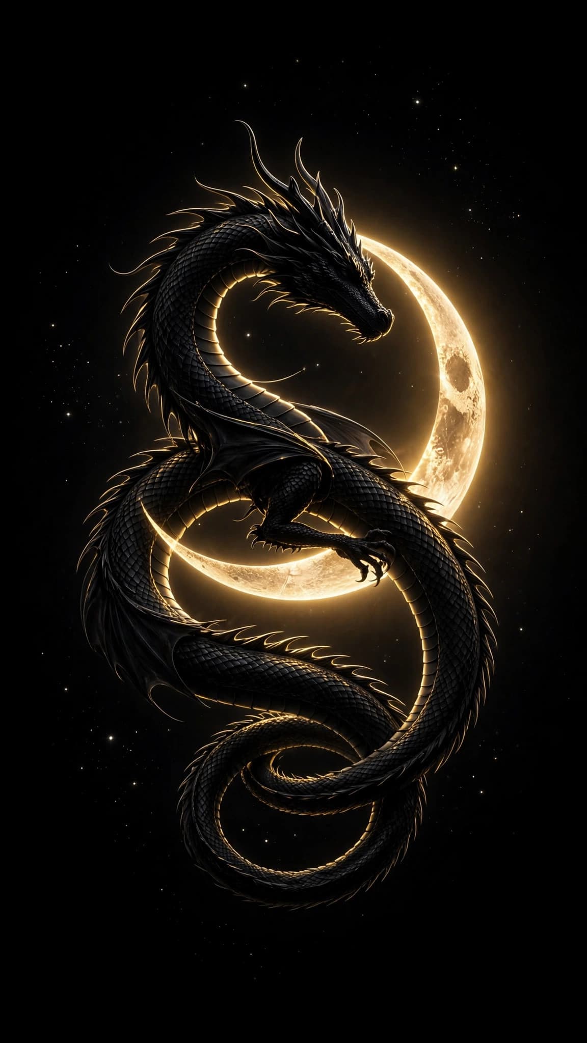 Obsidian Dragon Around a Golden Crescent Moon — AMOLED Phone Wallpaper